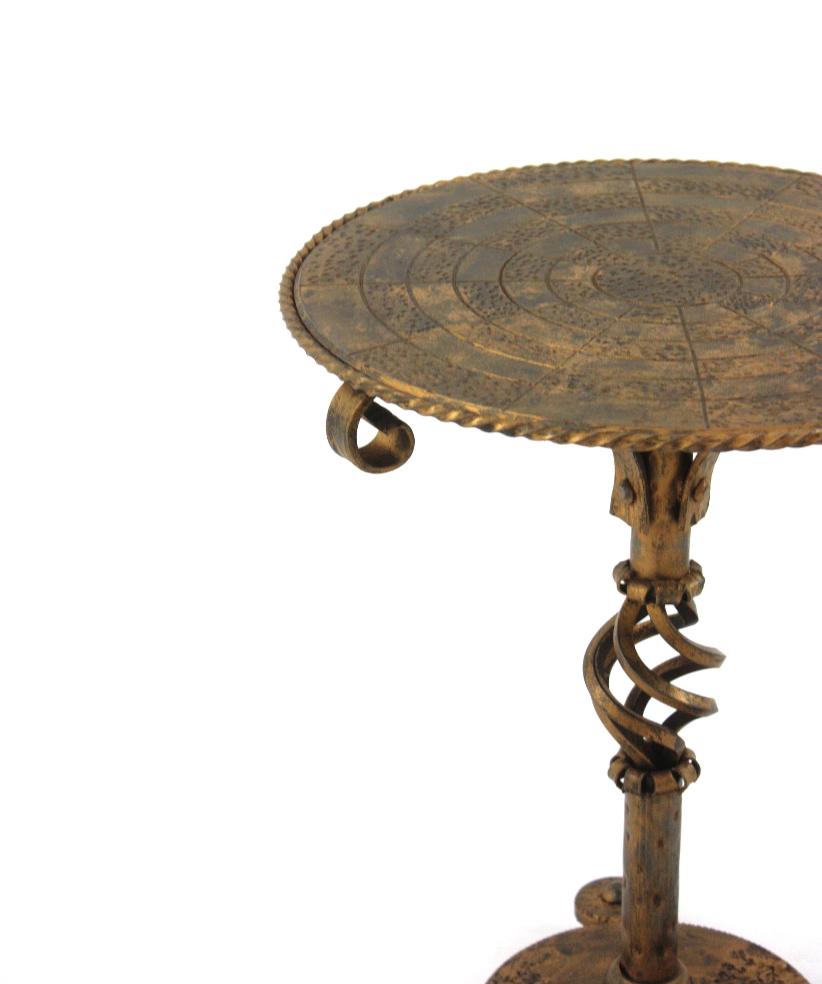 20th Century Gilt Iron Brutalist Side Table Gueridon / Drinks Table For Sale