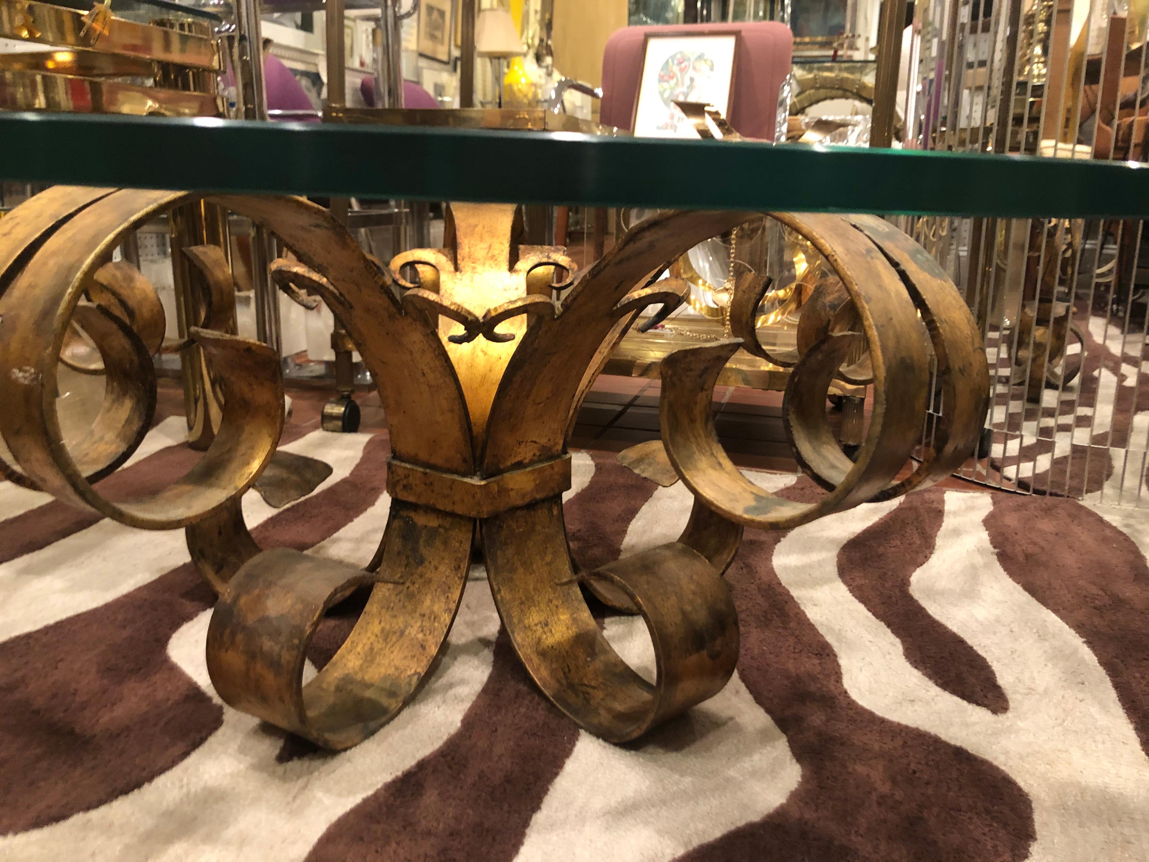 Gilt Iron Coffee Lotus Table with Round Glass Top 7