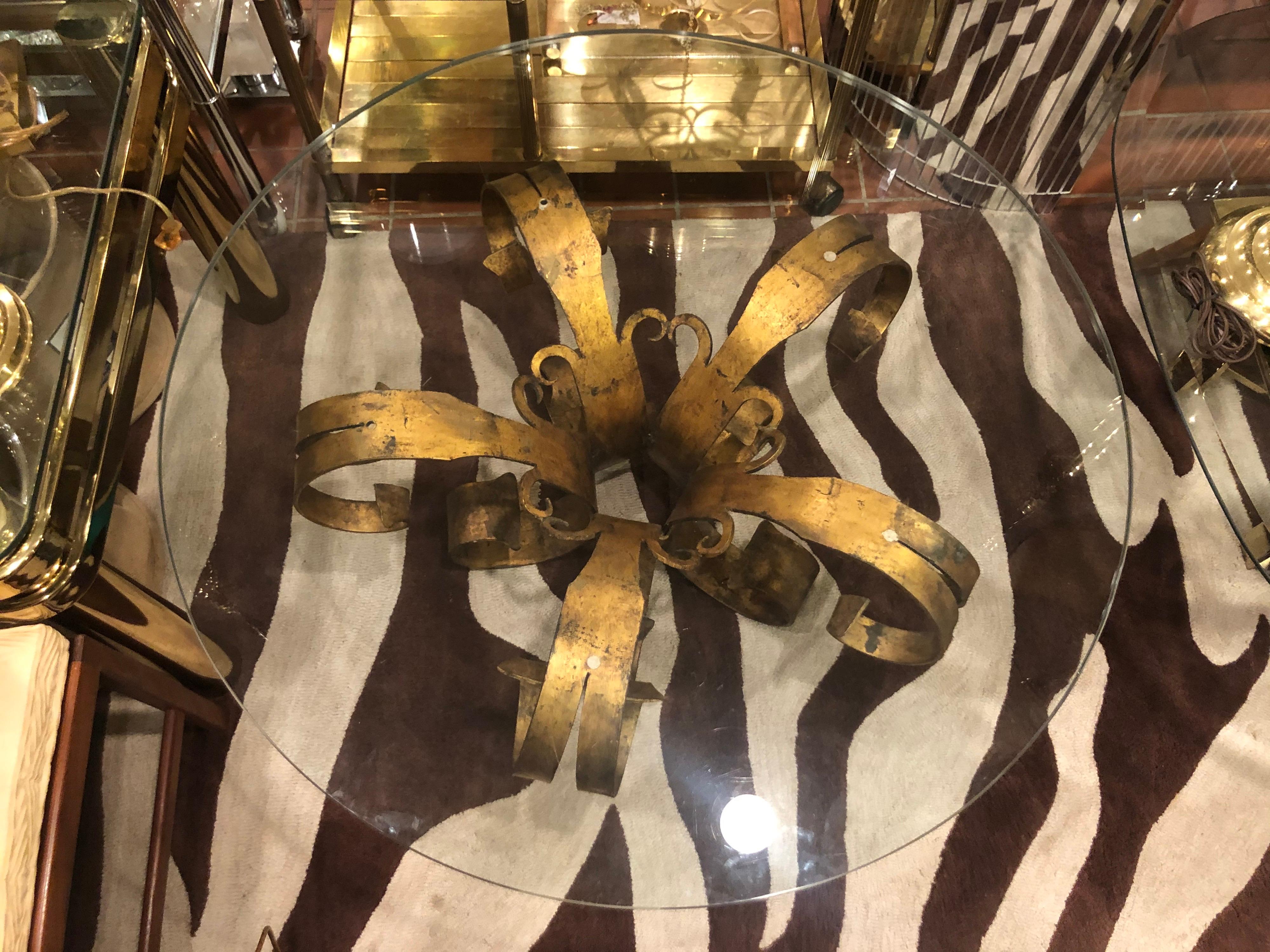 Gilt Iron Coffee Lotus Table with Round Glass Top 8