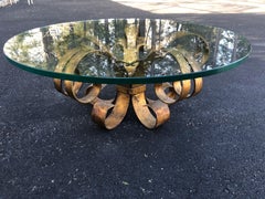 Gilt Iron Coffee Lotus Table with Round Glass Top