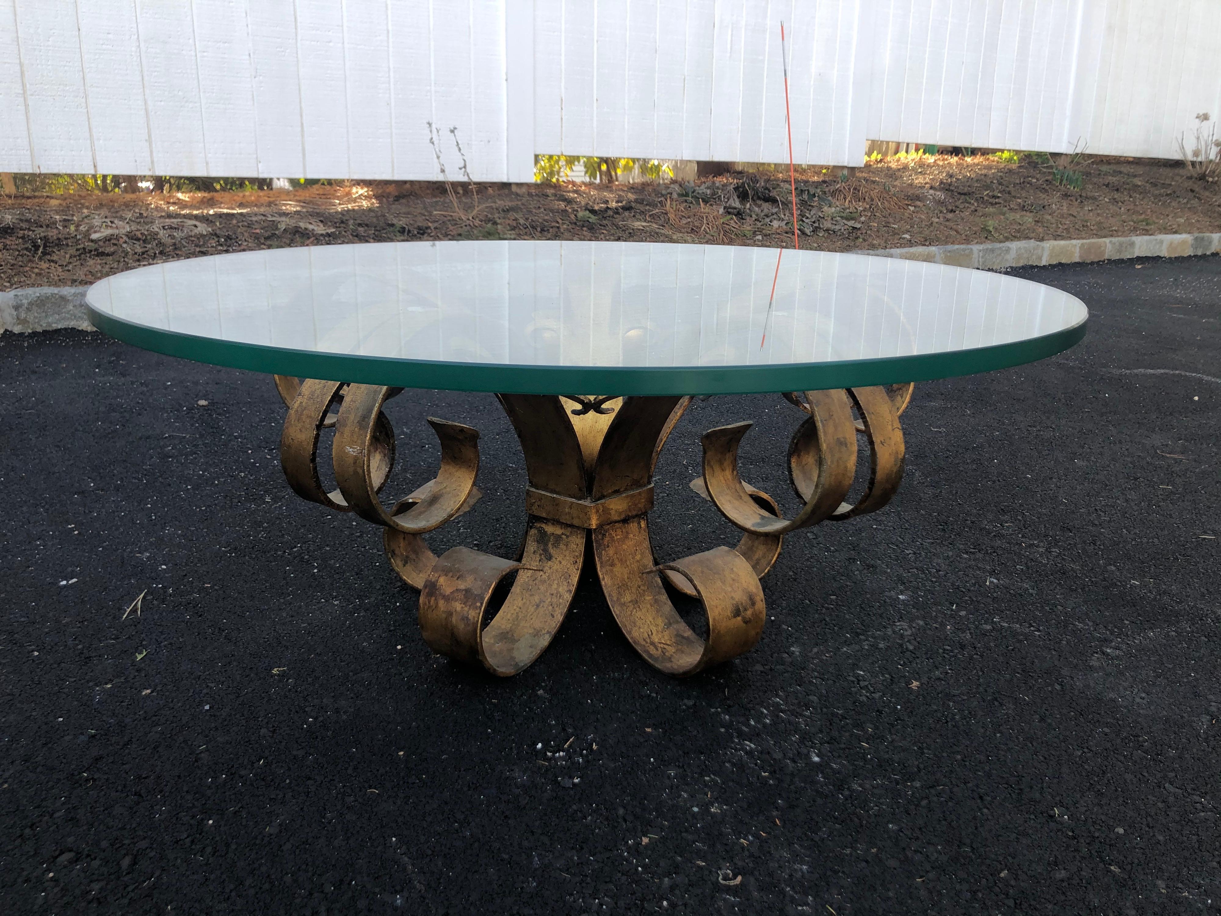 Mid-Century Modern Gilt Iron Coffee Lotus Table with Round Glass Top