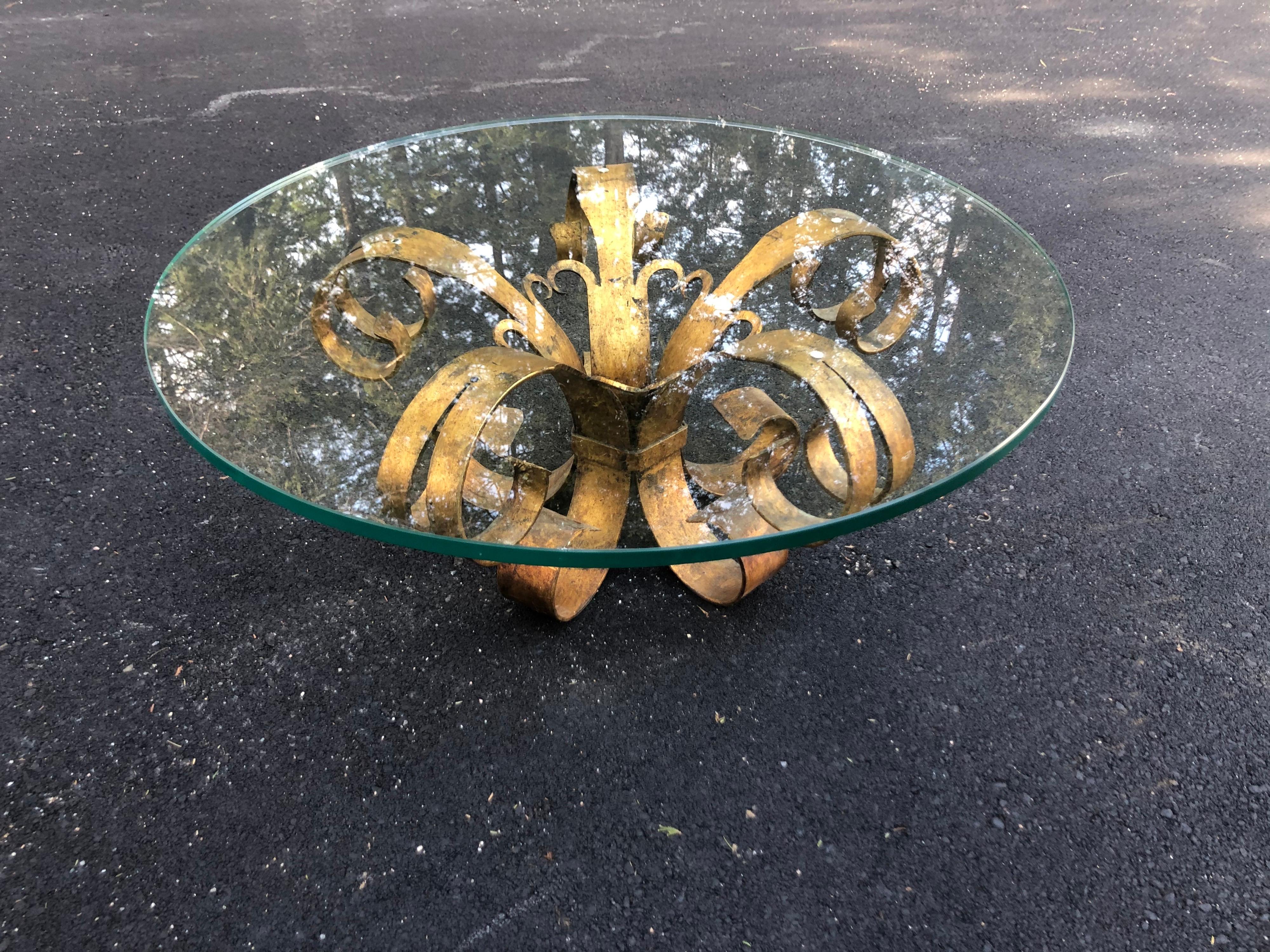 Spanish Gilt Iron Coffee Lotus Table with Round Glass Top