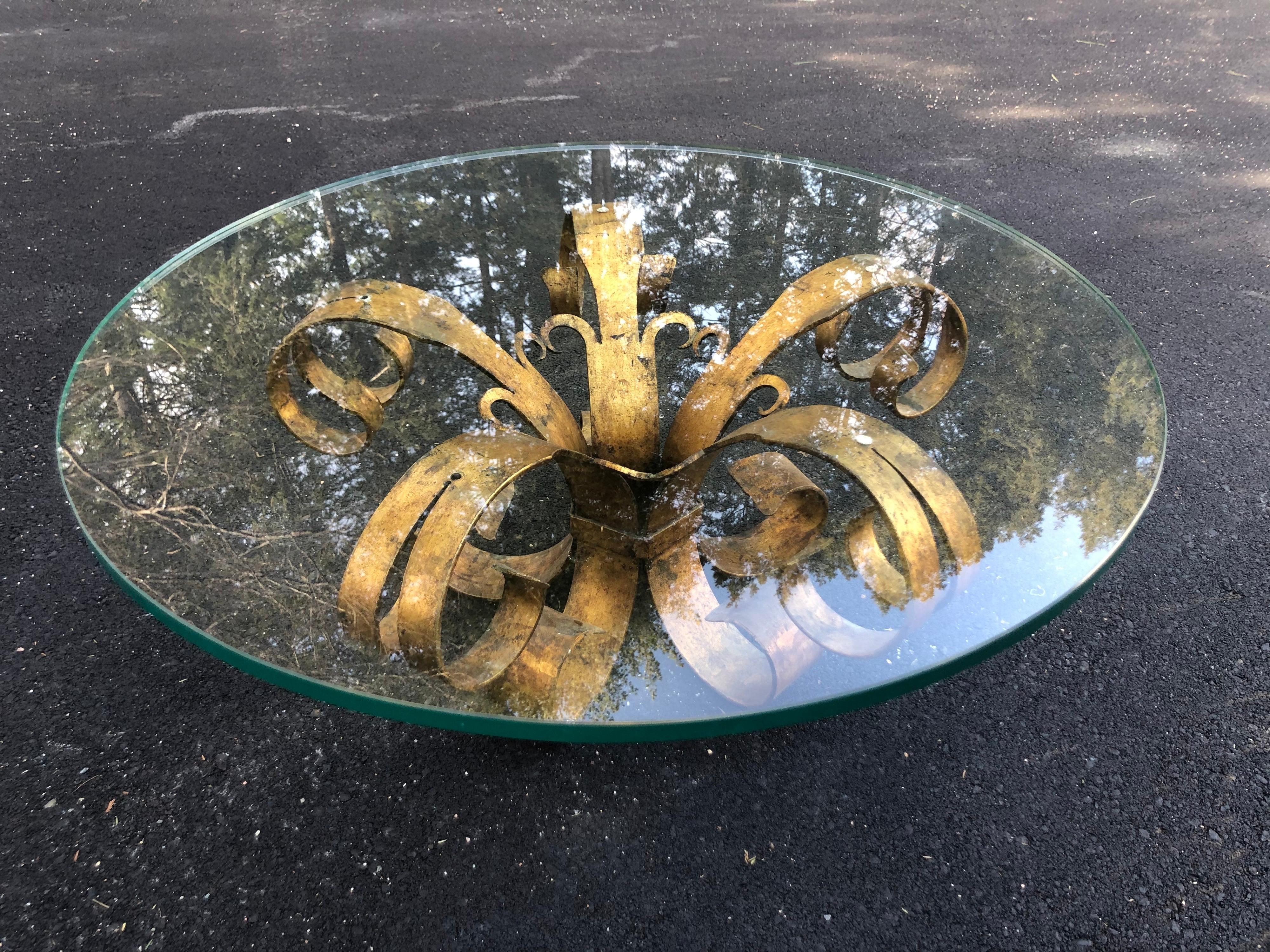Gilt Iron Coffee Lotus Table with Round Glass Top In Good Condition In Redding, CT