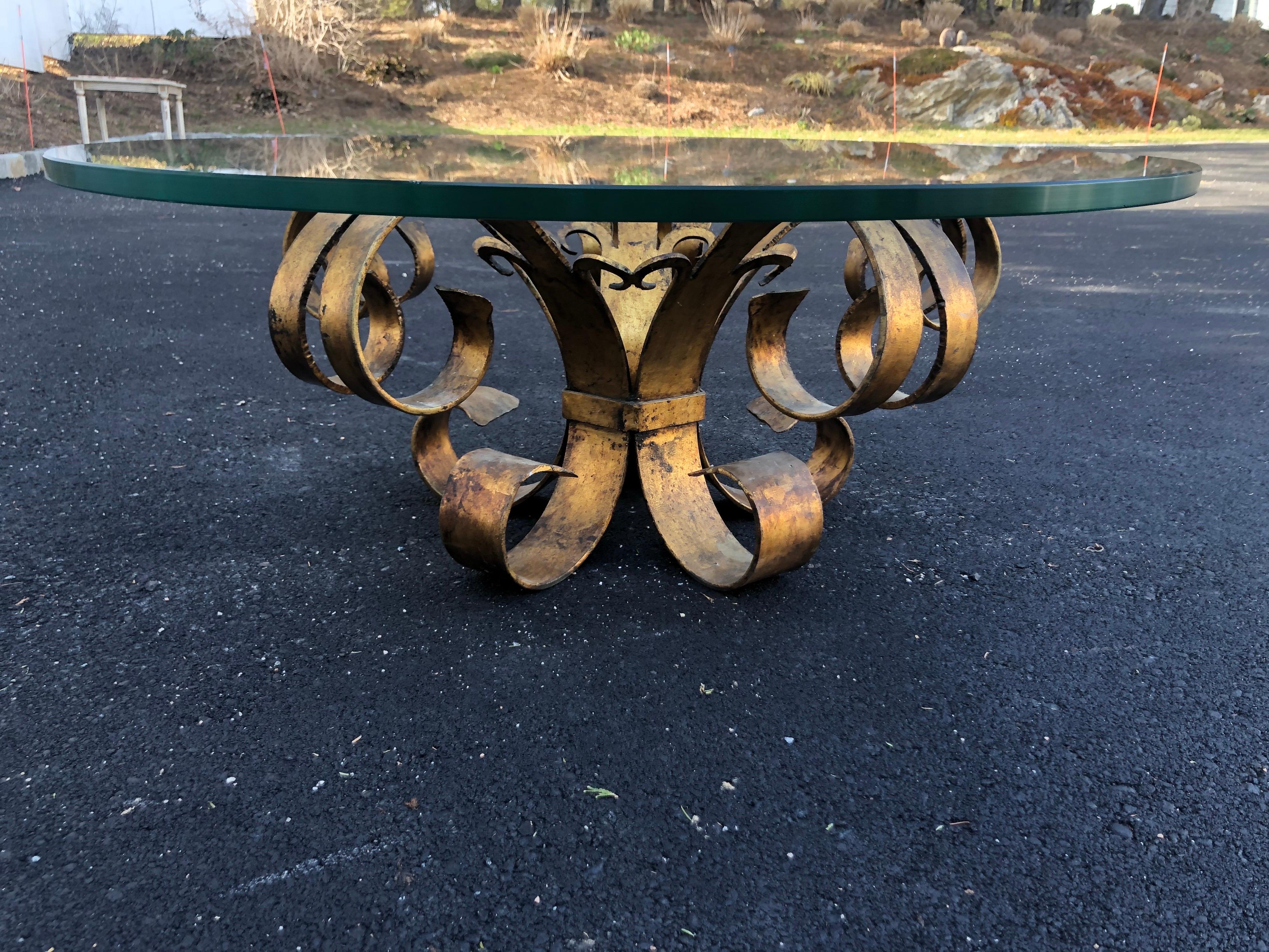 Gilt Iron Coffee Lotus Table with Round Glass Top 1