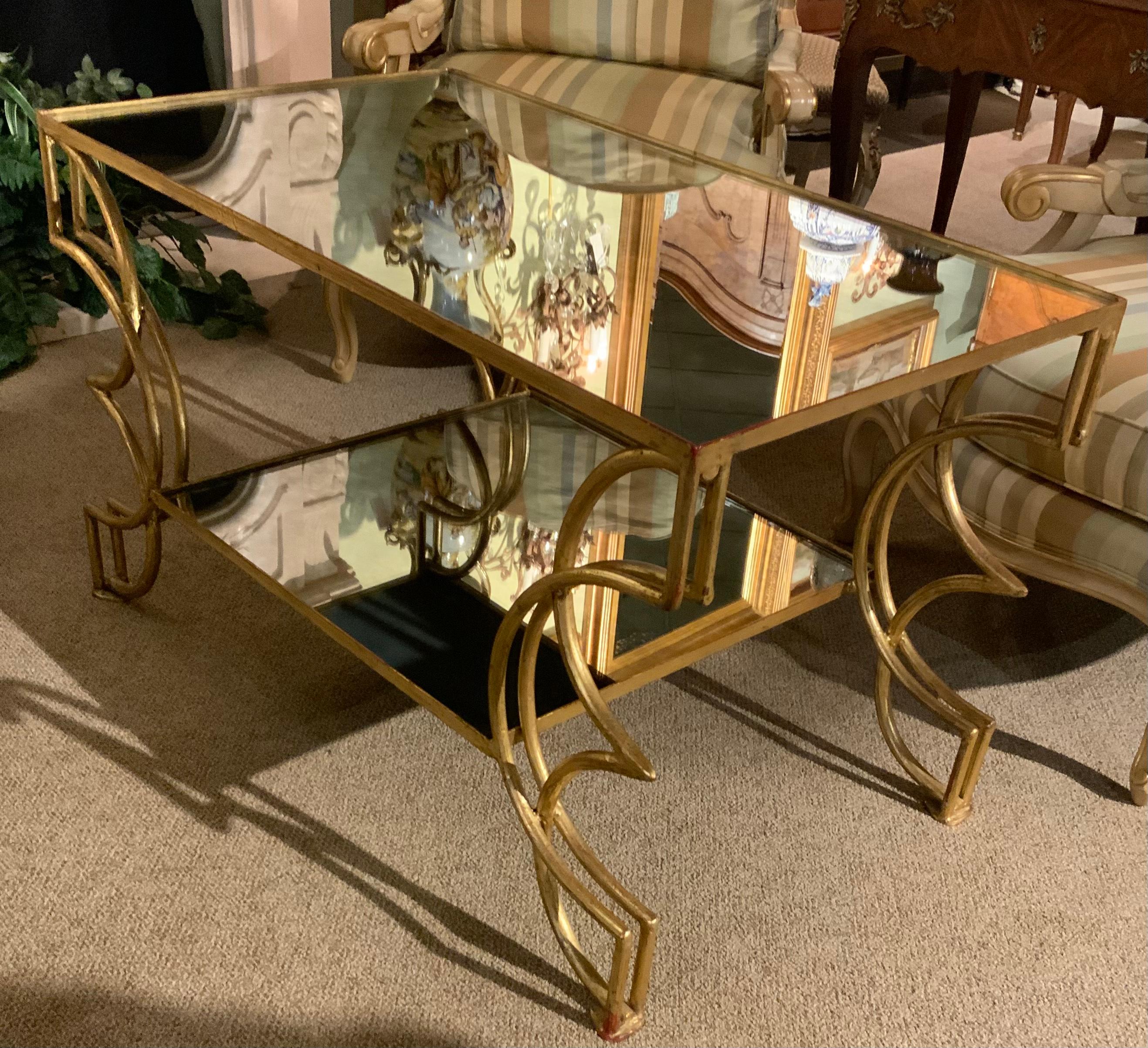 American Gilt Iron Coffee Table with Smoked and Glazed Glass For Sale