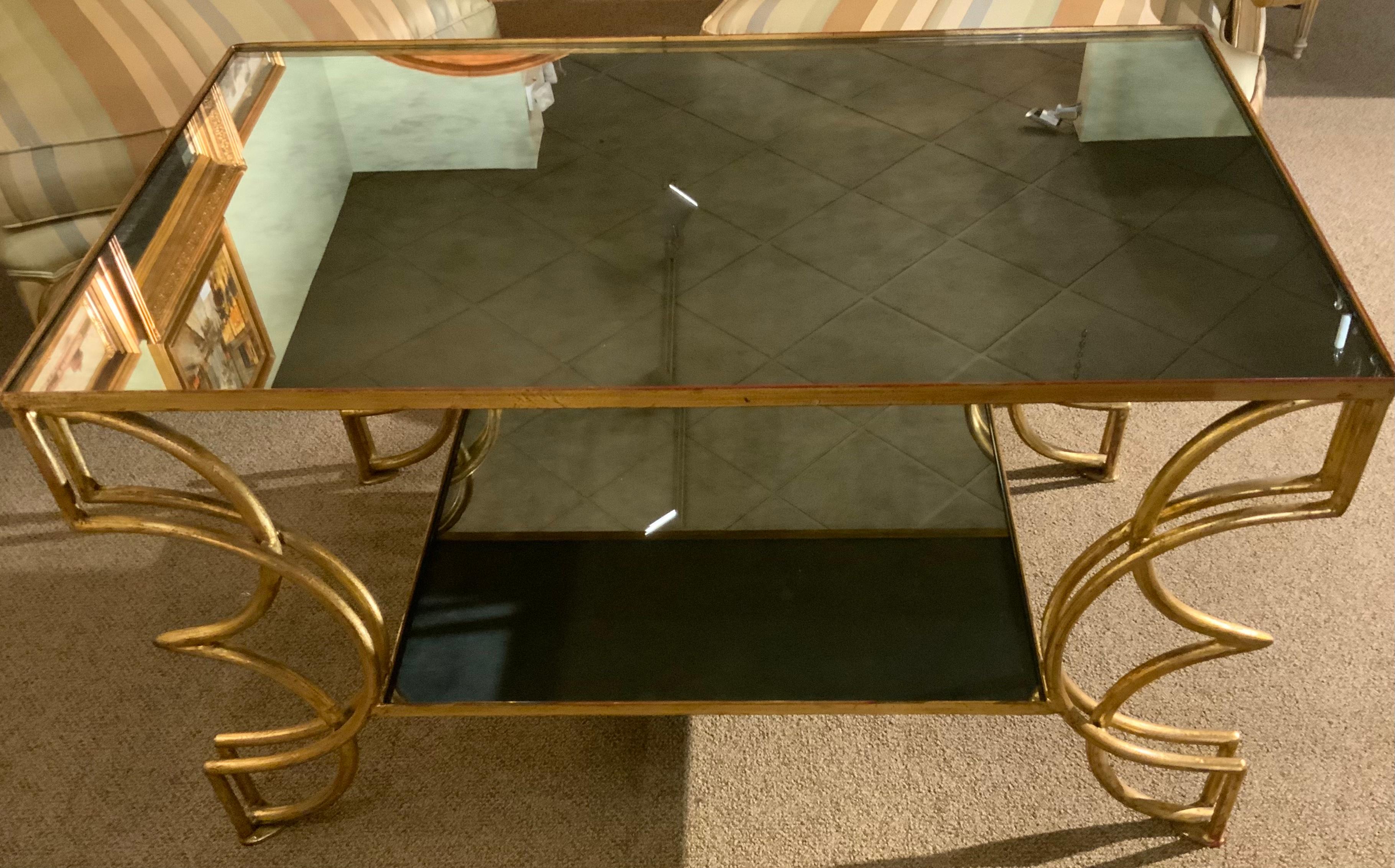 Gilt Iron Coffee Table with Smoked and Glazed Glass In Excellent Condition For Sale In Houston, TX