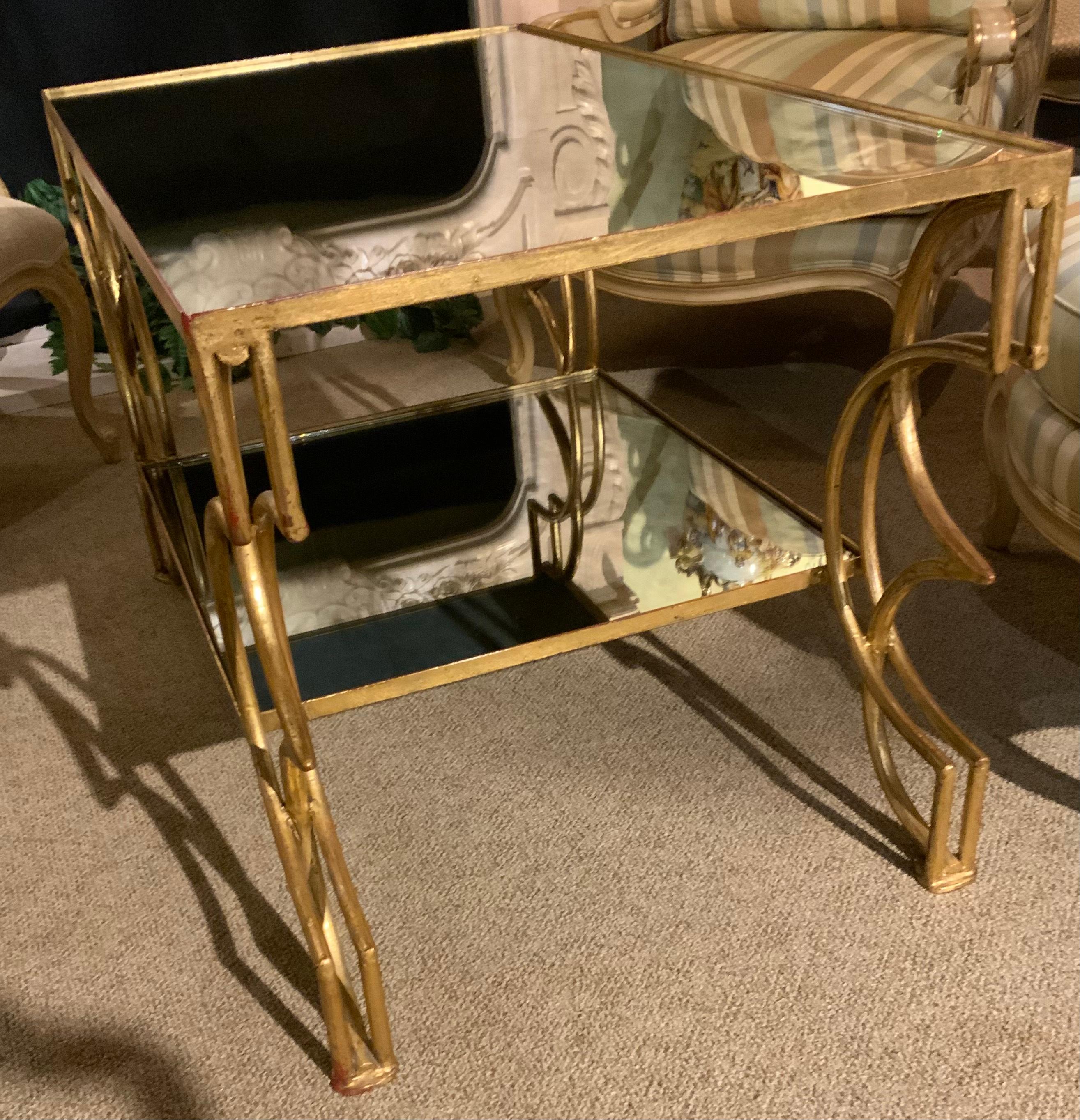 Mirror Gilt Iron Coffee Table with Smoked and Glazed Glass For Sale