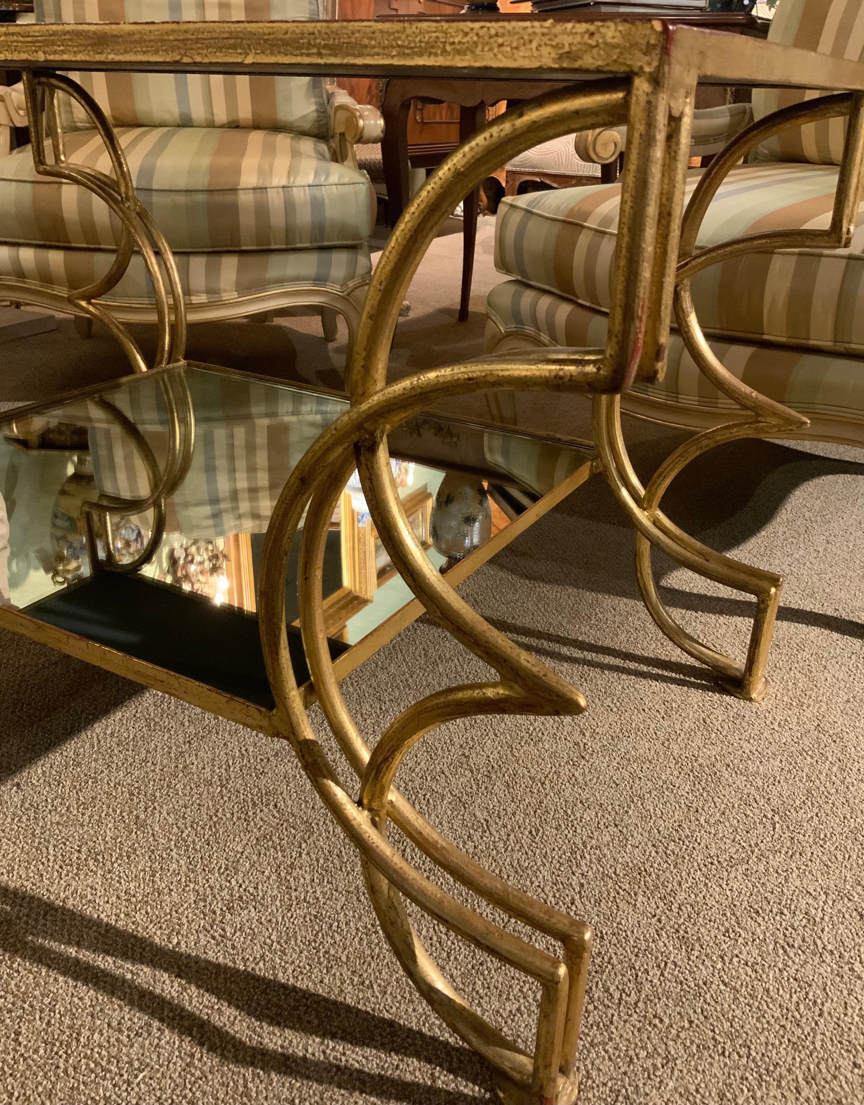Gilt Iron Coffee Table with Smoked and Glazed Glass For Sale 1