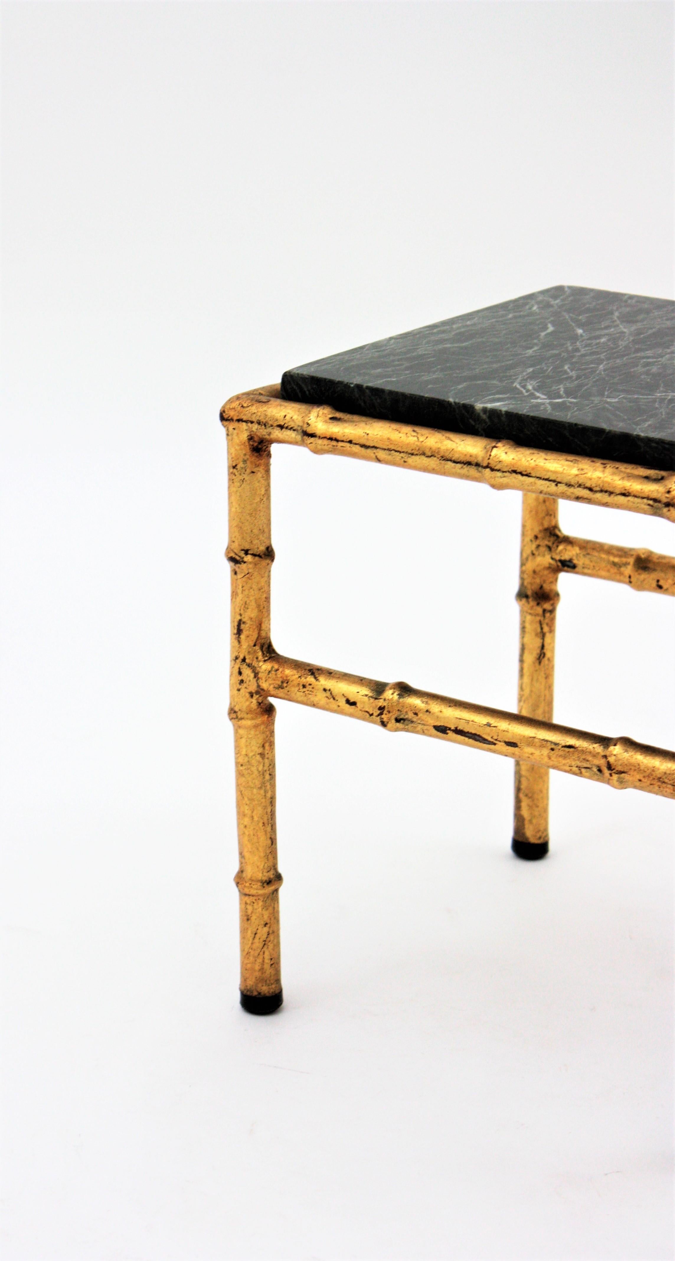 Gilt Iron Faux Bamboo Side Table with Green Marble Top For Sale 3