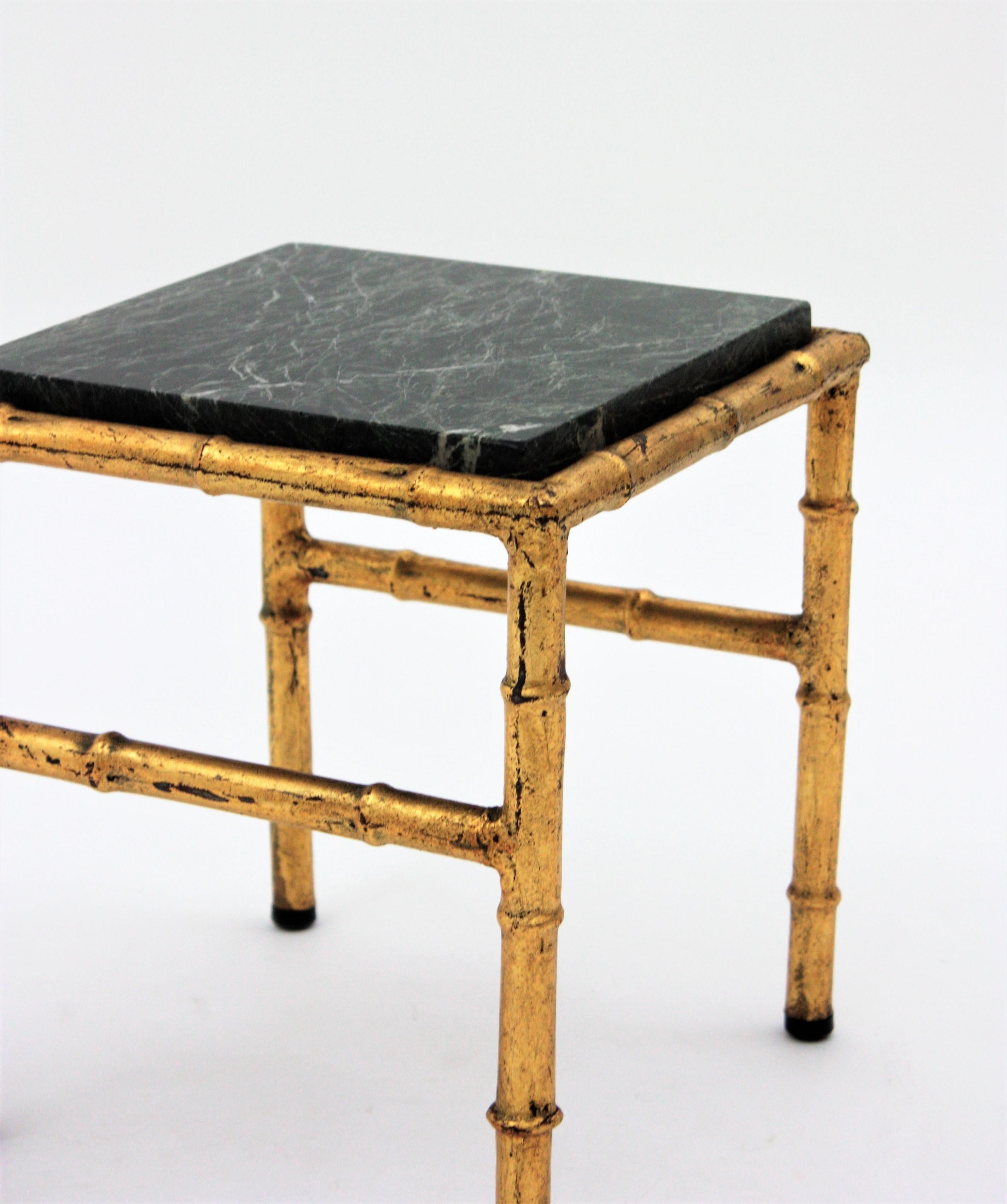 Gilt Iron Faux Bamboo Side Table with Green Marble Top For Sale 4