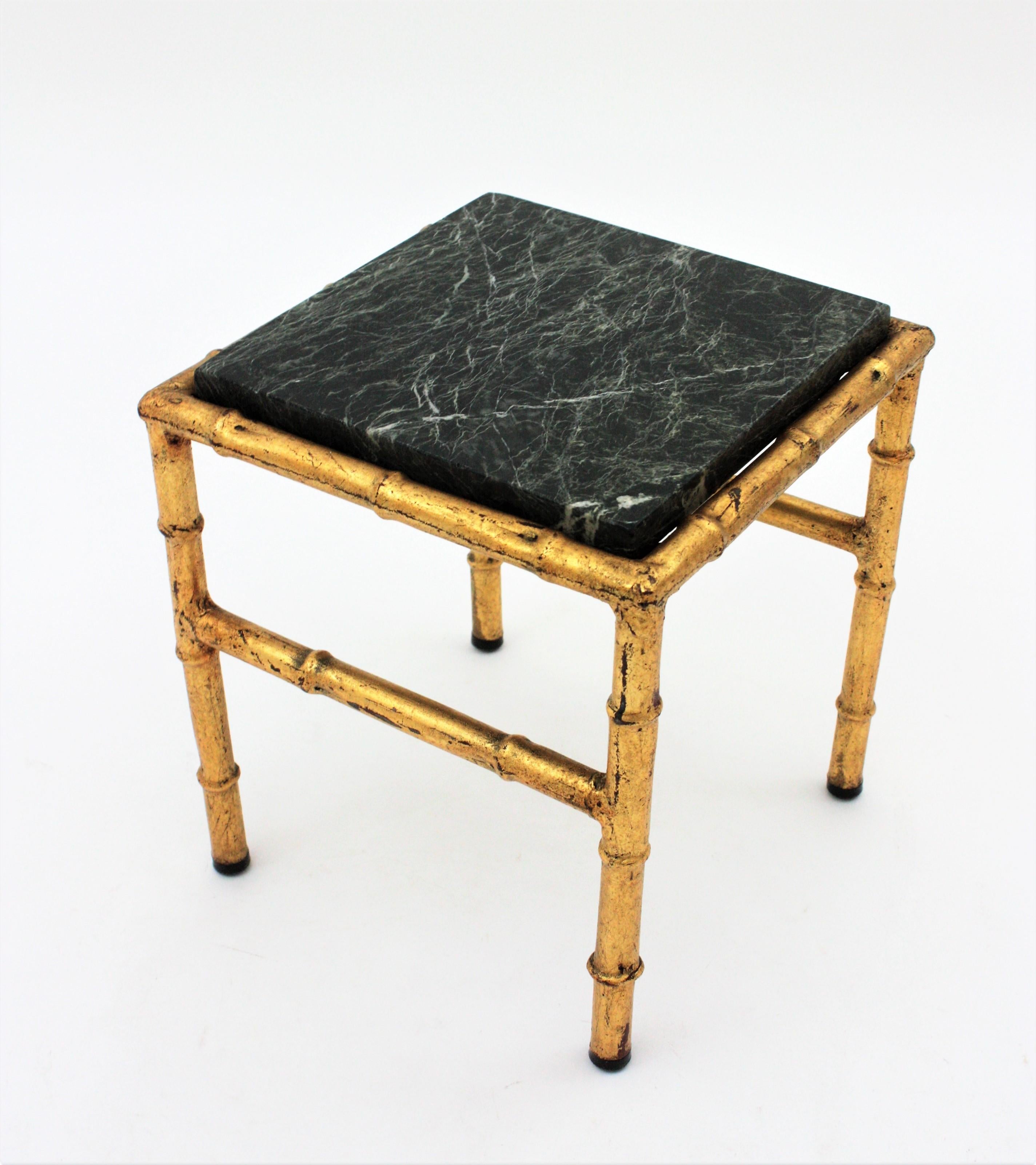 Gilt Iron Faux Bamboo Side Table with Green Marble Top For Sale 7