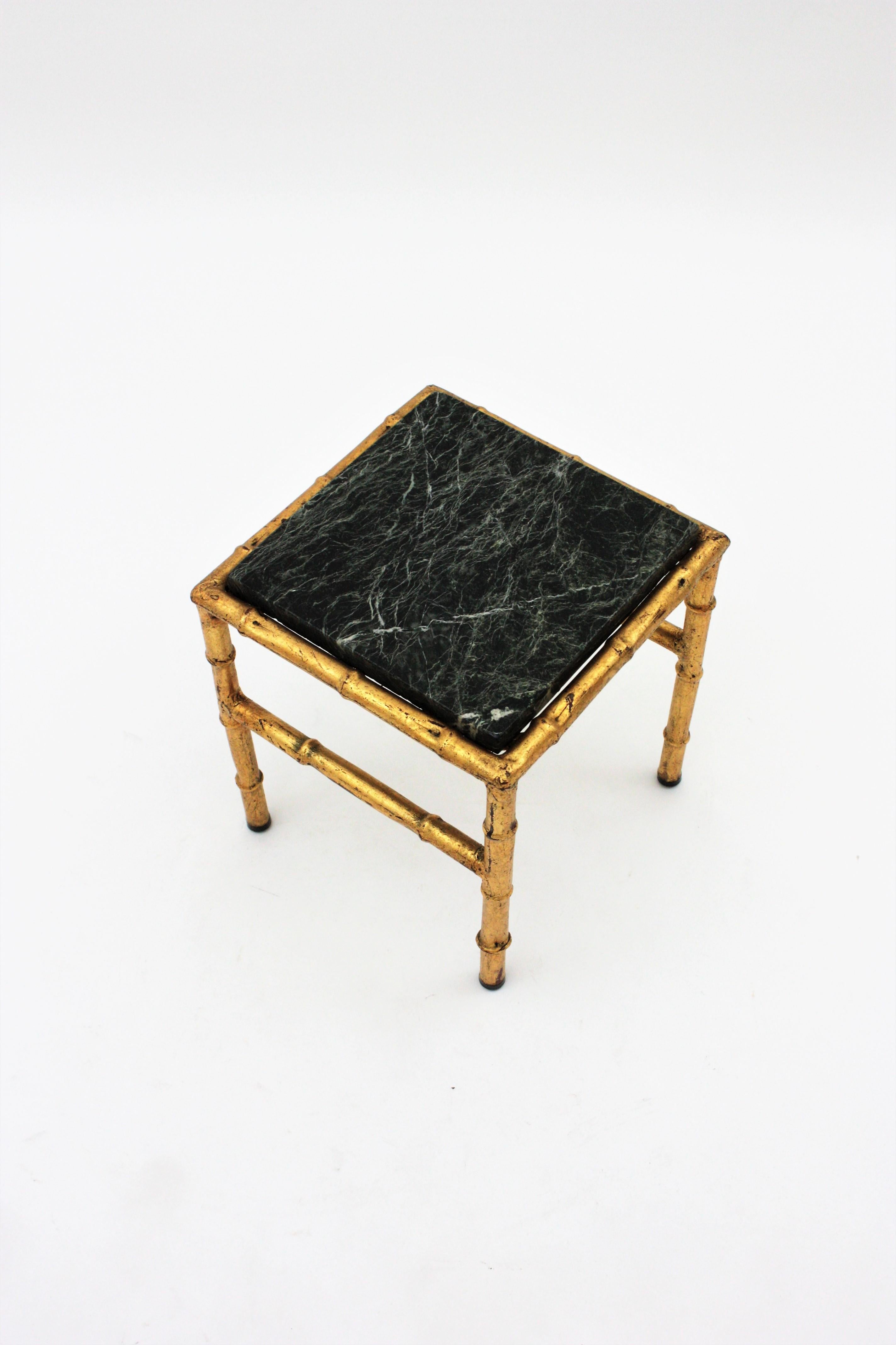 Gilt Iron Faux Bamboo Side Table with Green Marble Top For Sale 8