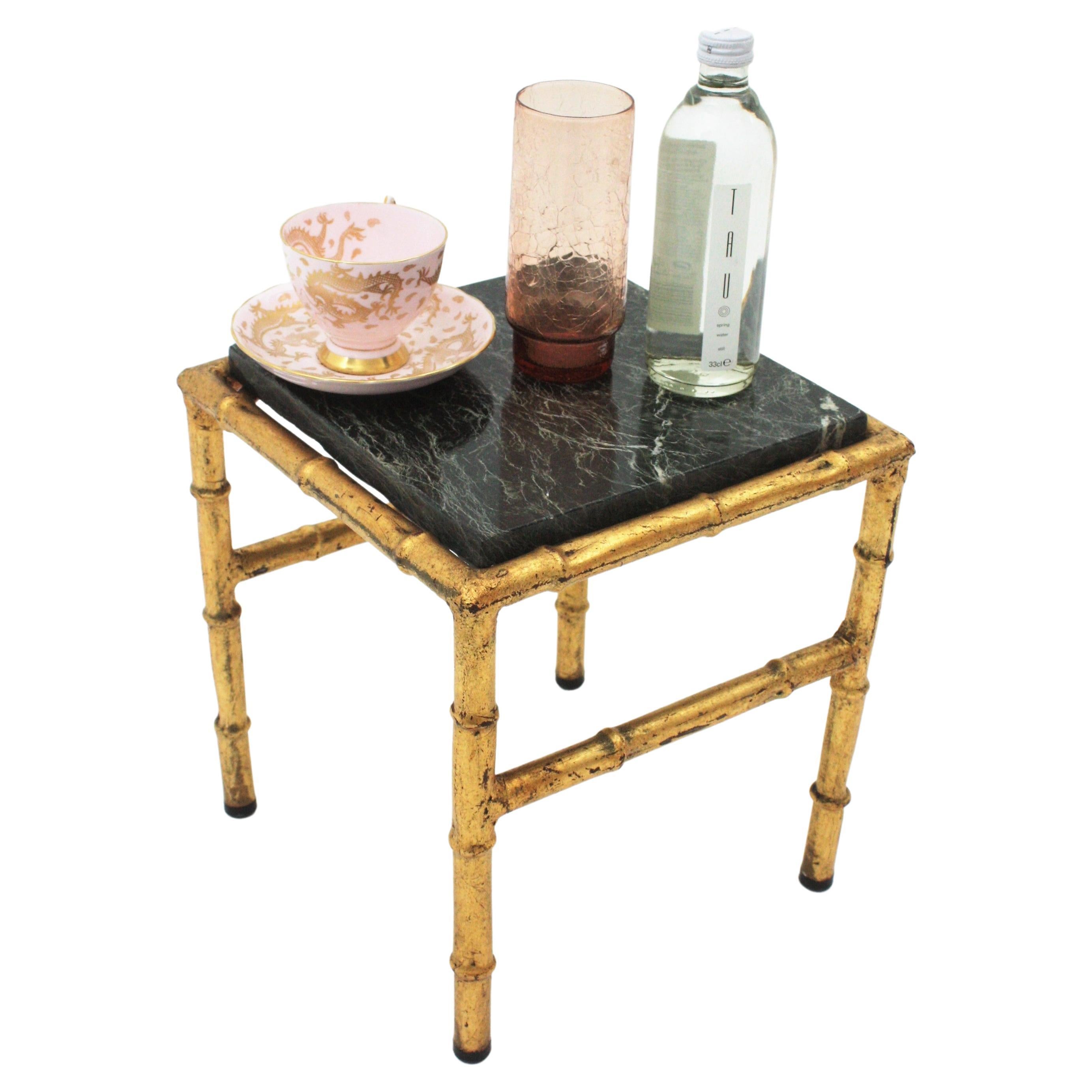 Gilt Iron Faux Bamboo Side Table with Green Marble Top For Sale 9
