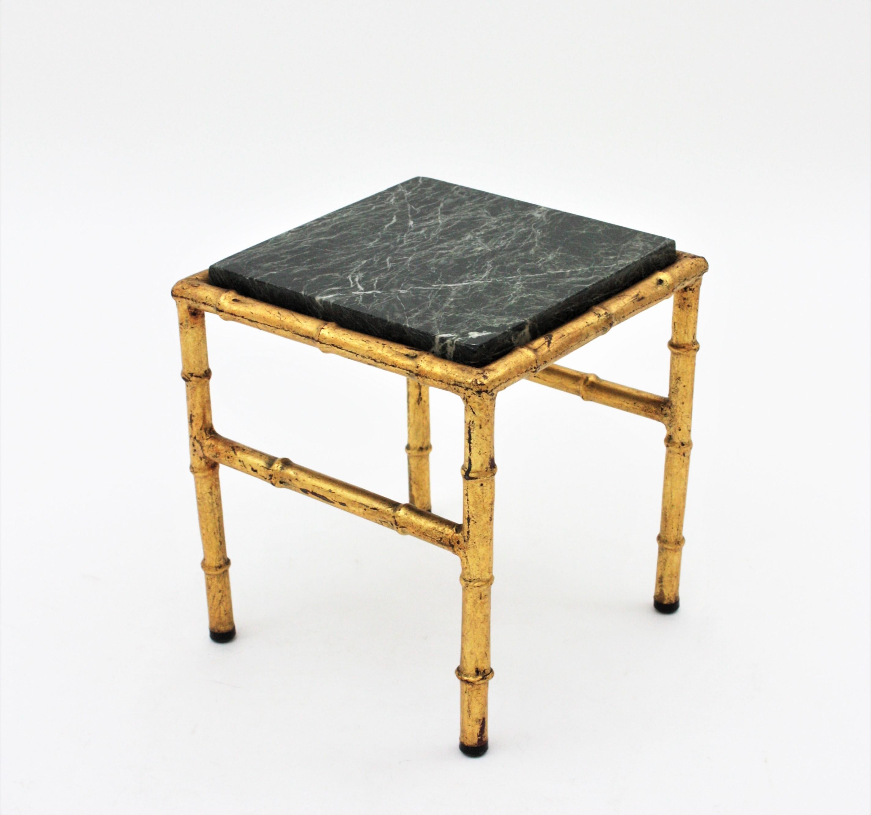 Gilt Iron Faux Bamboo Side Table with Green Marble Top For Sale 11