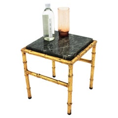 Gilt Iron Faux Bamboo Side Table with Green Marble Top