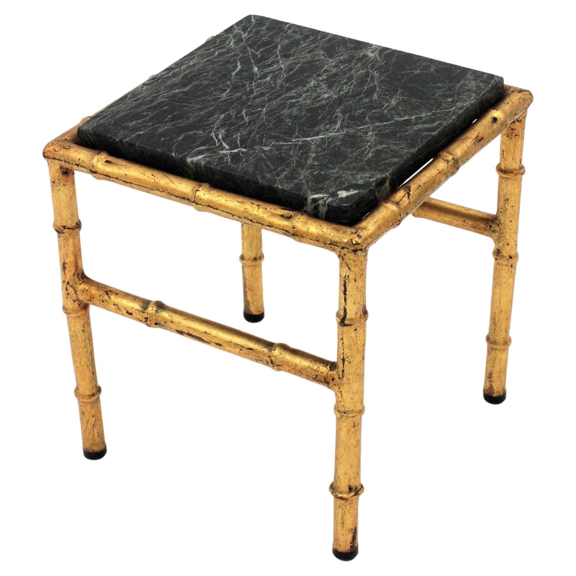 Hollywood Regency Gilt Iron Faux Bamboo Side Table with Green Marble Top For Sale