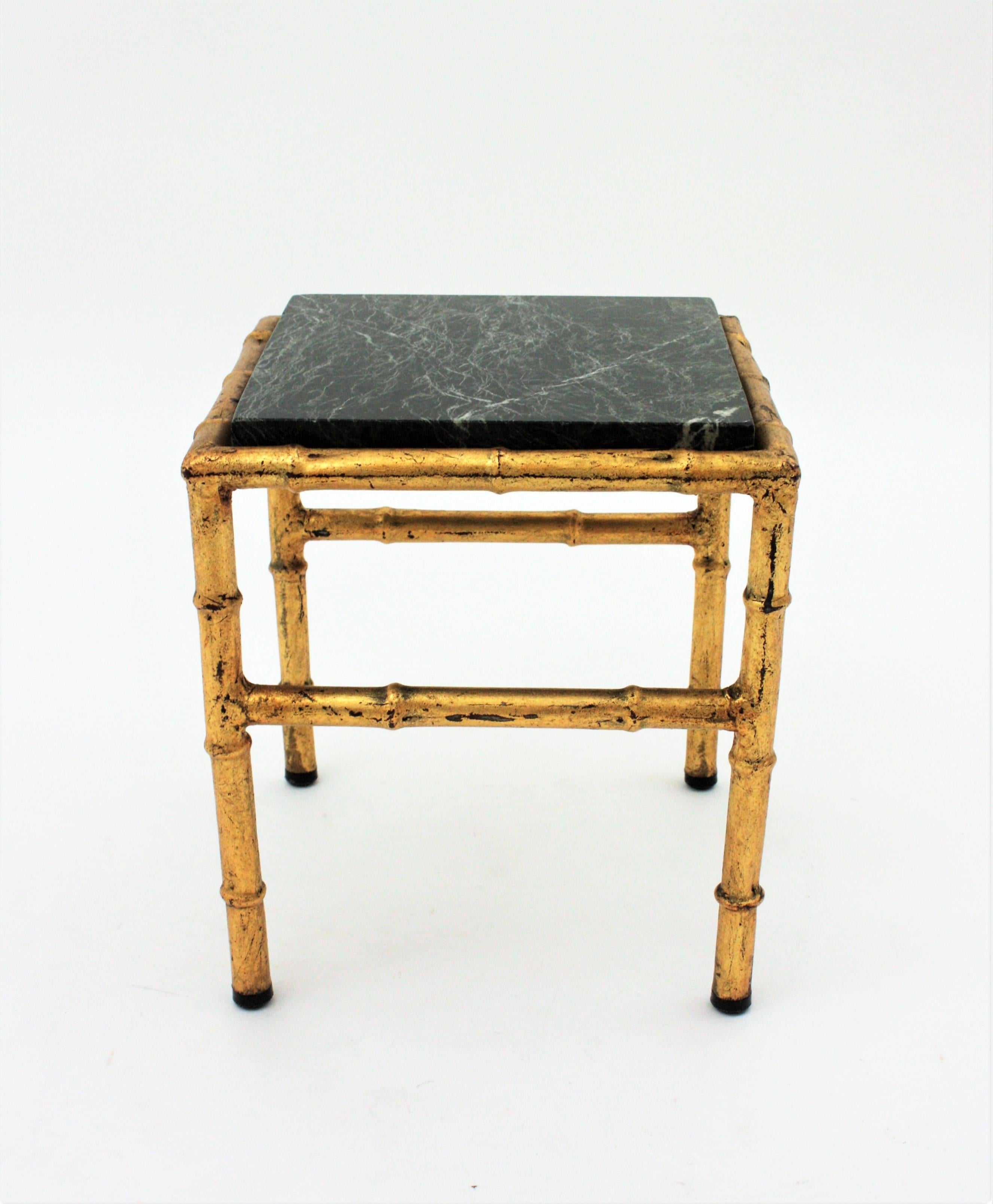 20th Century Gilt Iron Faux Bamboo Side Table with Green Marble Top For Sale