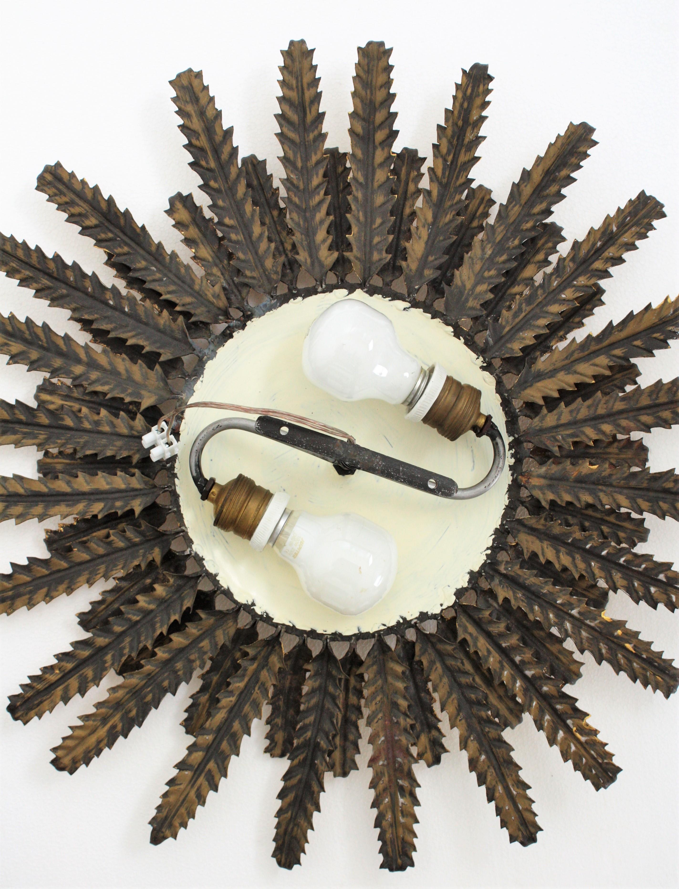 Gilt Iron Floral Sunburst Ceiling Flush Mount or Wall Light, Spain, 1950s 4