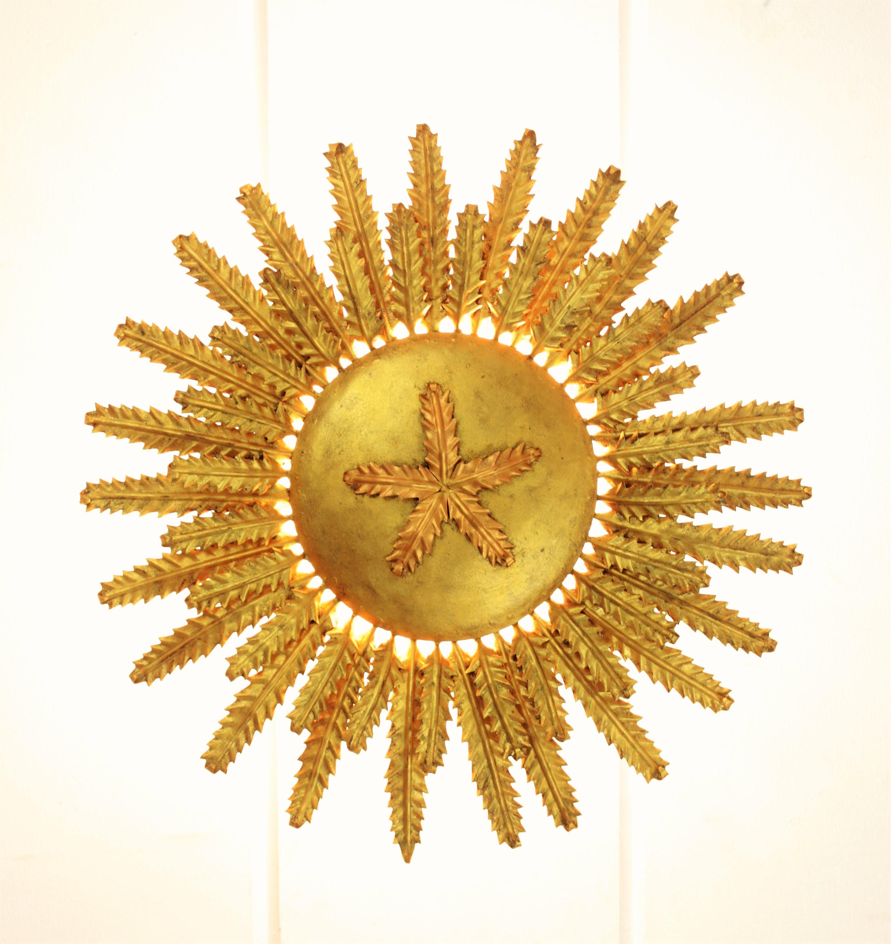 Gilt Iron Floral Sunburst Ceiling Flush Mount or Wall Light, Spain, 1950s In Excellent Condition In Barcelona, ES