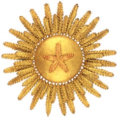 Gilt Iron Floral Sunburst Ceiling Flush Mount or Wall Light, Spain, 1950s