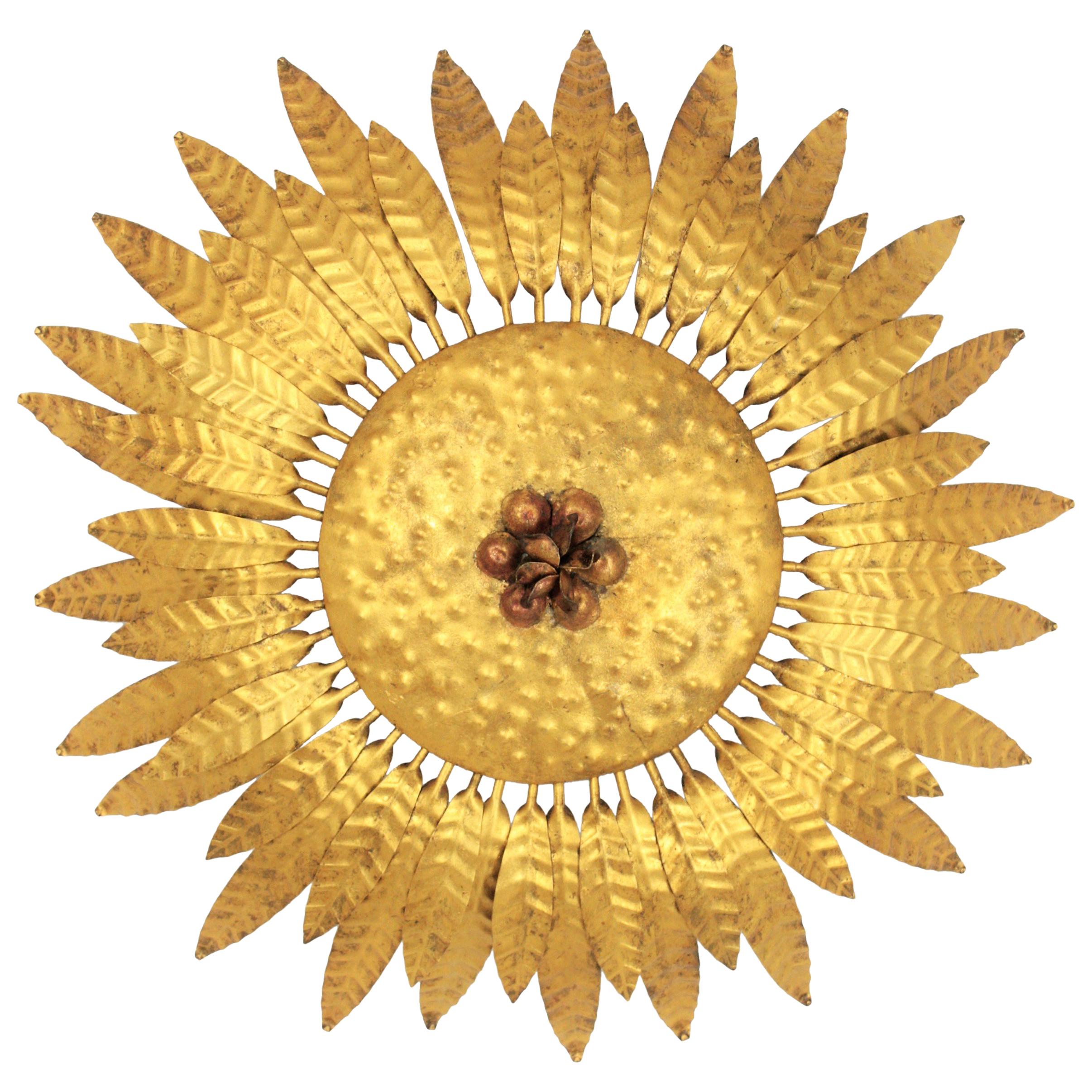 Sunburst Flower Flush Mount / Wall Light in Gilt Wrought Iron, Spain, 1960s