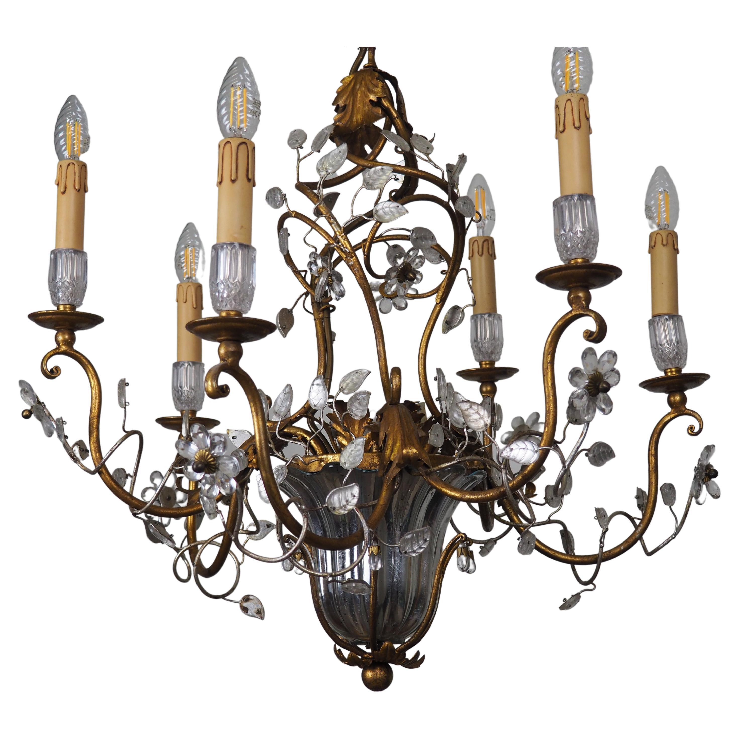 Lampadario a foglie di fiori in ferro dorato di Giovani Banci, Italia,  circa 1960