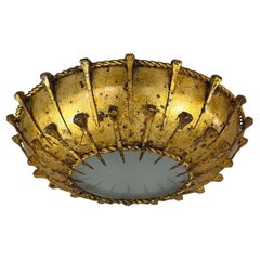 Gilt Iron & Frosted Glass Sunburst Flush Mount, Spain 1950s