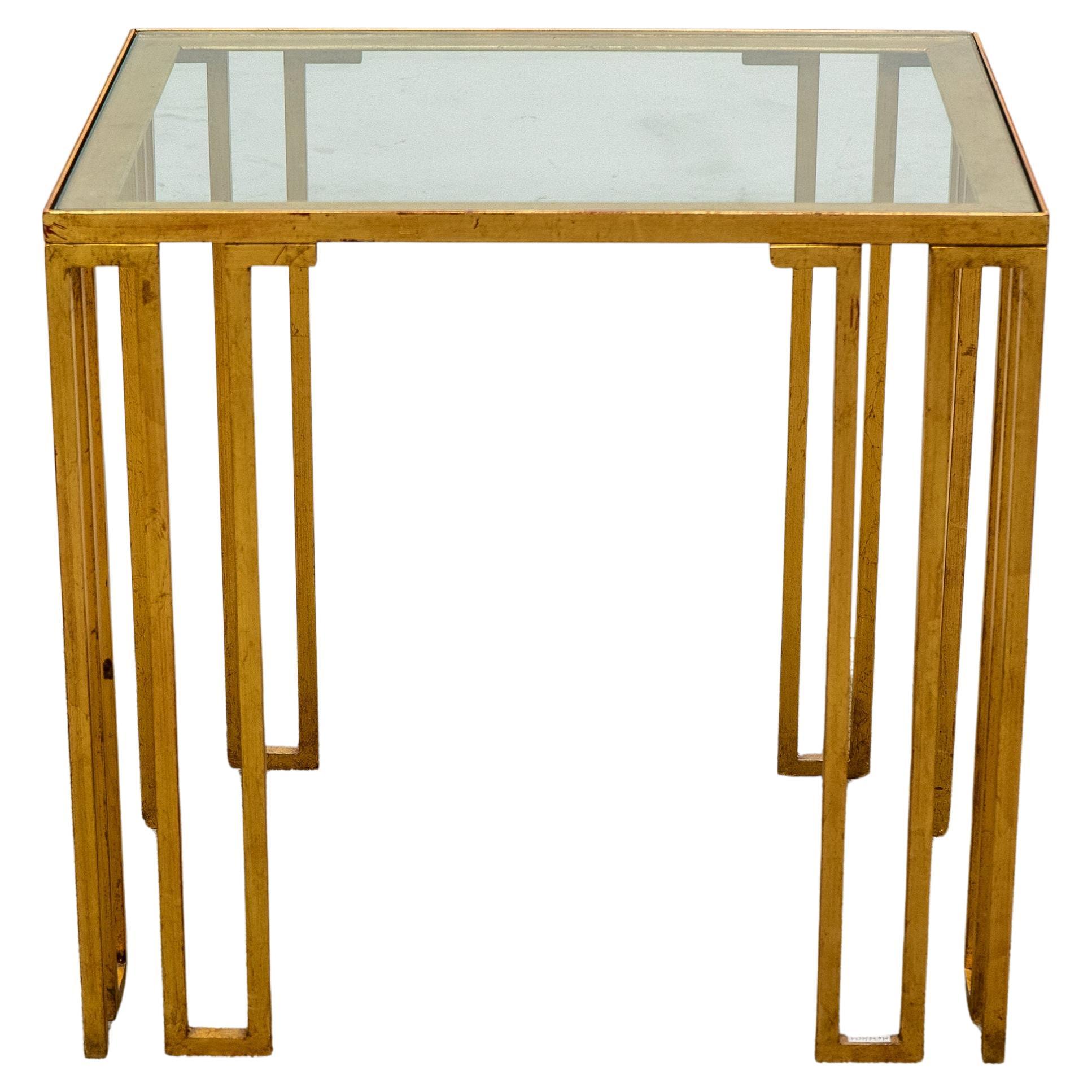 Gilt Iron & Glass "Creneaux" End Table in Manner of Jean Royere en venta