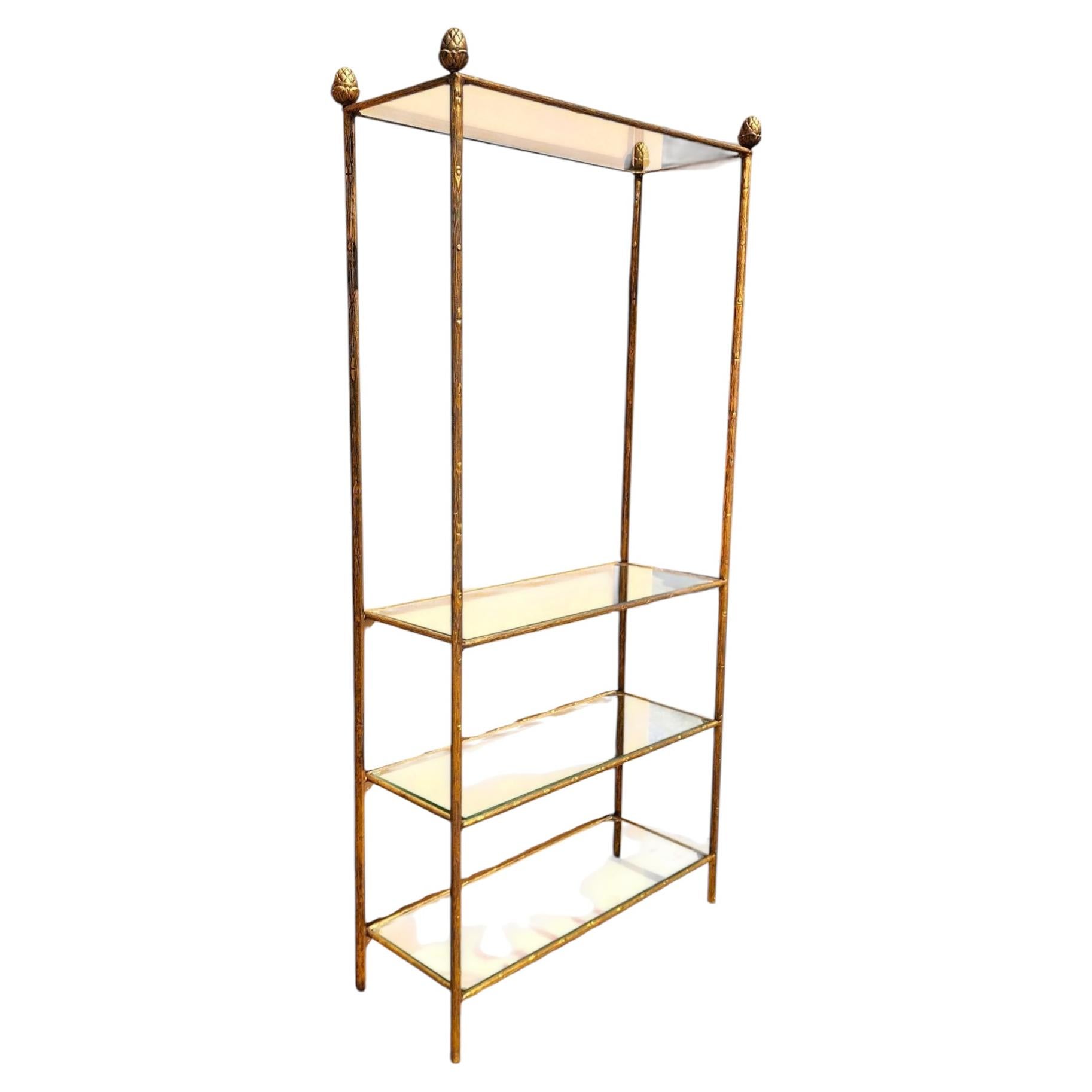 Scaffale libreria in ferro dorato e vetro Faux Bois Étagère Metà Secolo