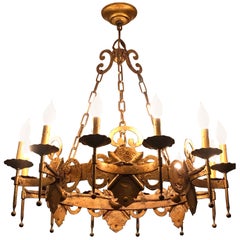 Gilt Iron Gothic Hollywood Regency Tole Chandelier