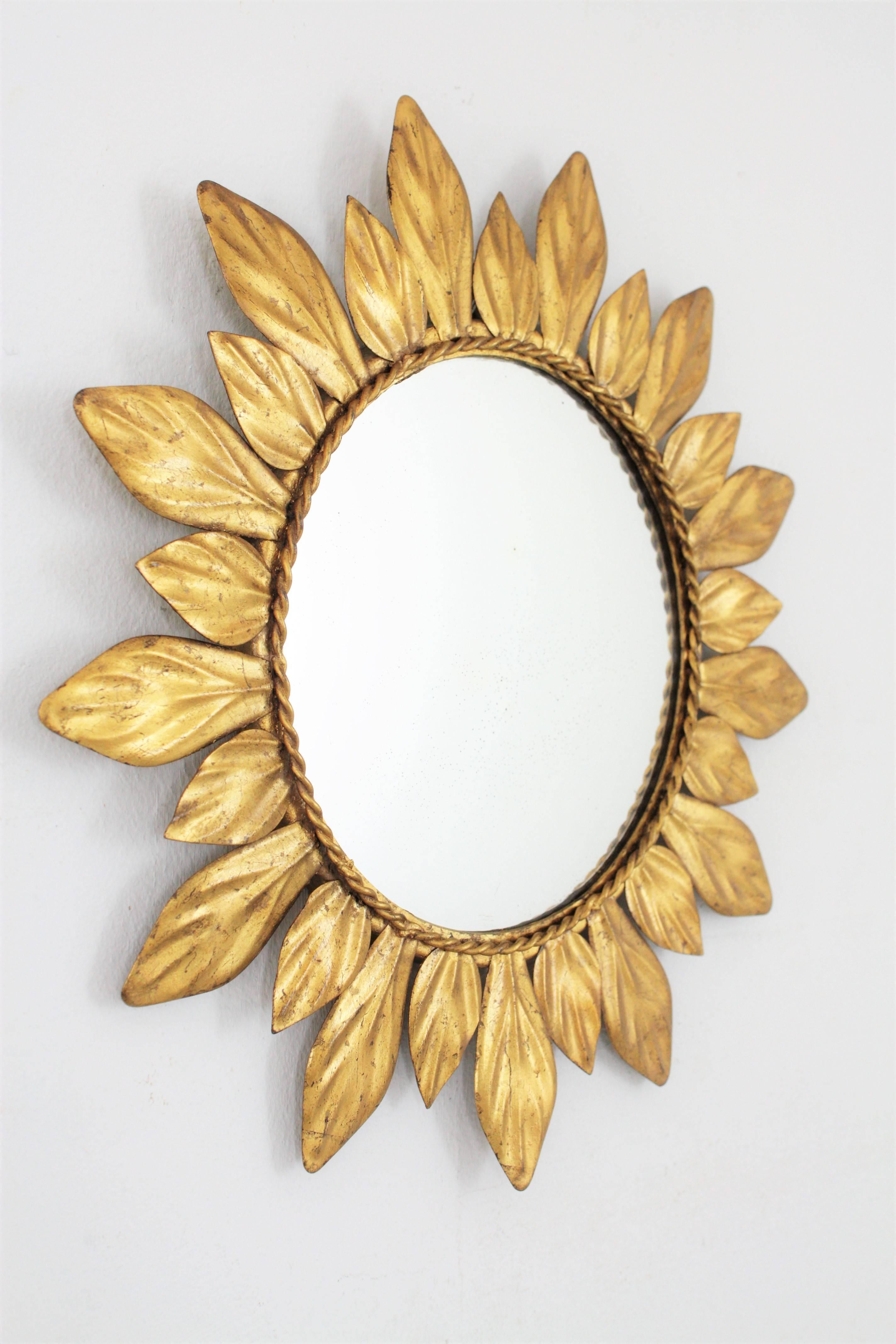 Mid-Century Modern Gilt Iron Leaf Design Mini Sunburst Mirror, Spain, 1950s