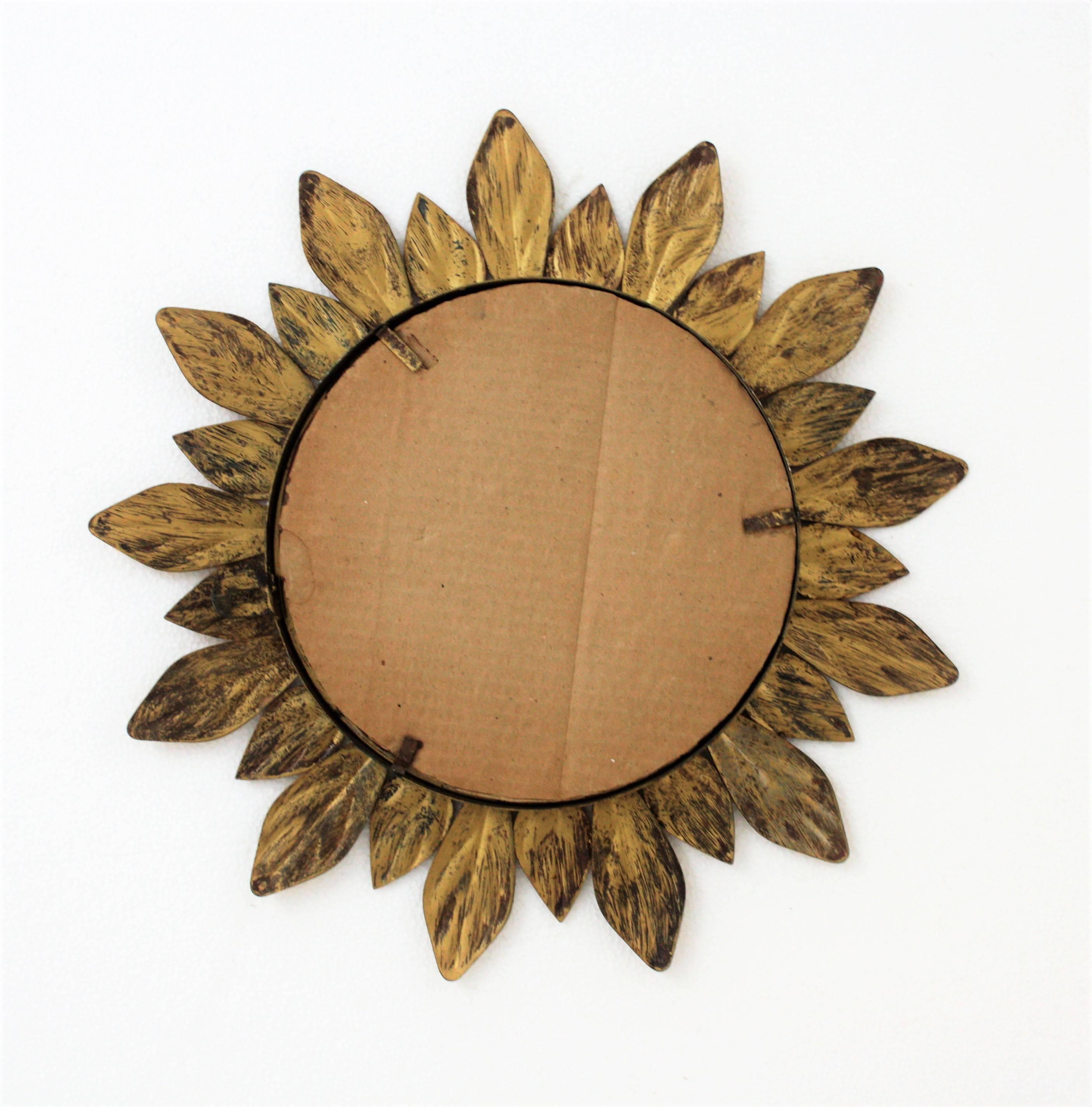 Gilt Iron Leaf Design Mini Sunburst Mirror, Spain, 1950s 2