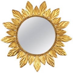 Vintage Gilt Iron Leaf Design Mini Sunburst Mirror, Spain, 1950s