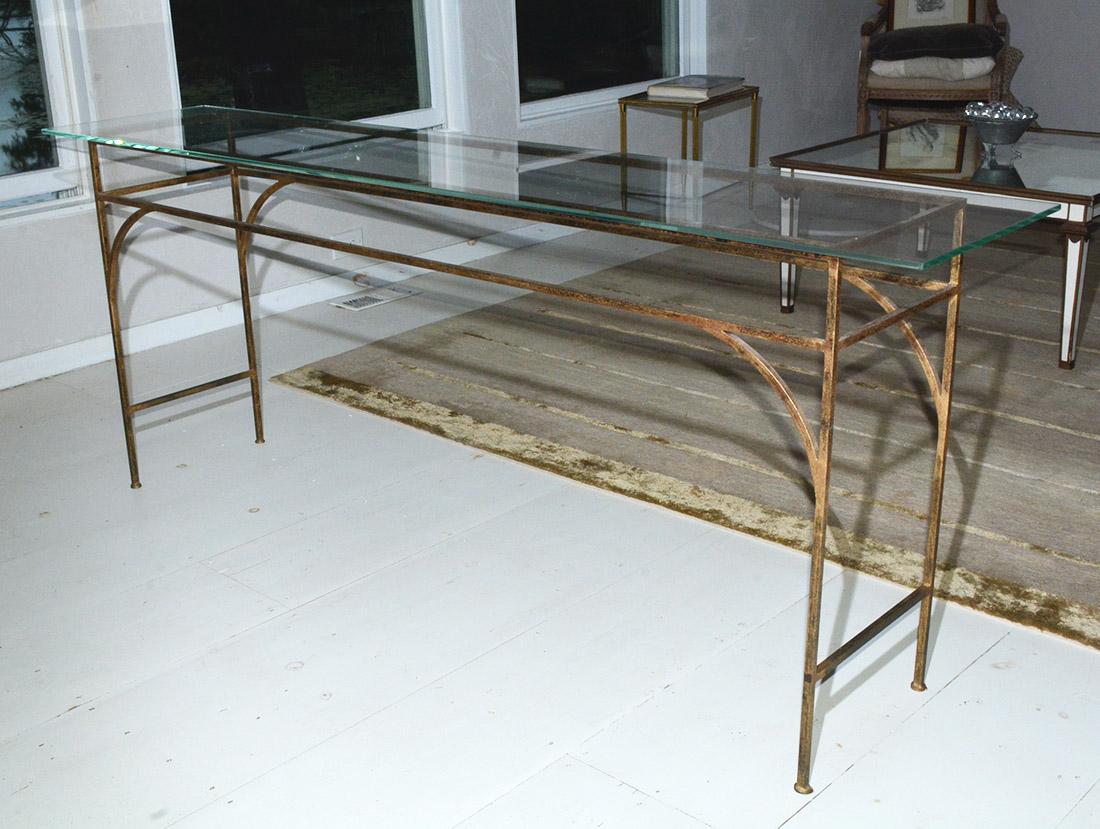 Gilt metal base and glass top console or sofa table. Glass top is for photo purposes only. Add the top of your choice, be it glass, stone or wood. Metal Frame - D 14