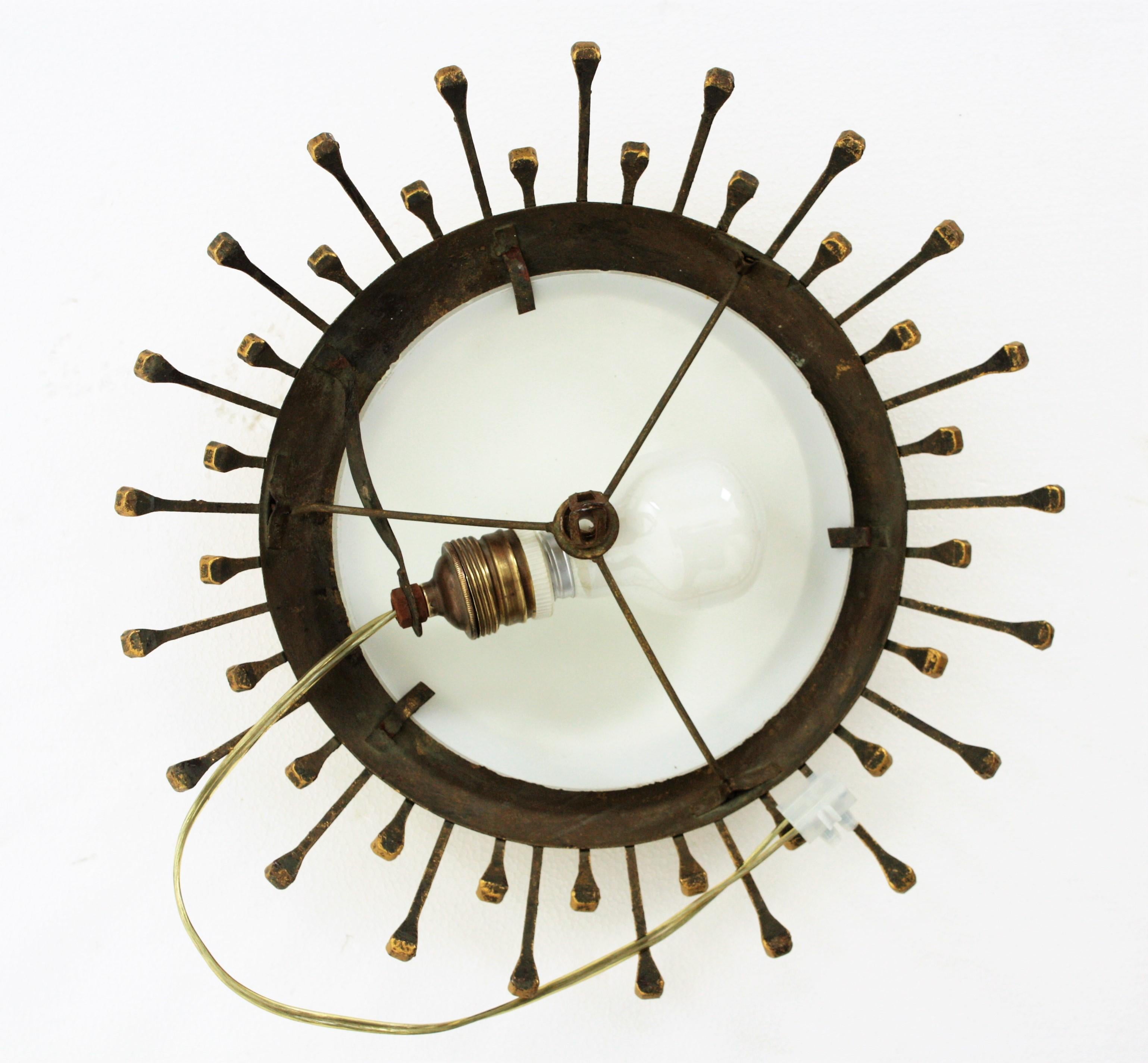 French Sunburst Light Fixture with Nail Design, Gilt Iron, Milk Glass 4