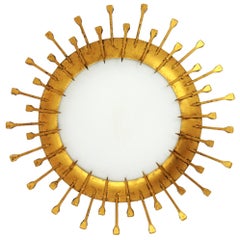French Sunburst Light Fixture with Nail Design, Gilt Iron, Milk Glass