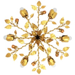 Gilt Iron Rosebush Tree Ceiling Light Fixture or Chandelier, Spain, 1960s