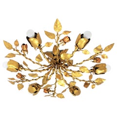 Gilt Iron Rosebush Tree Ceiling Light Fixture or Chandelier, Spain, 1960s