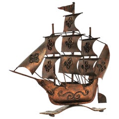 Gilt Iron Small Spanish Galleon / Sailing Ship Sculpture, Style of Poillerat