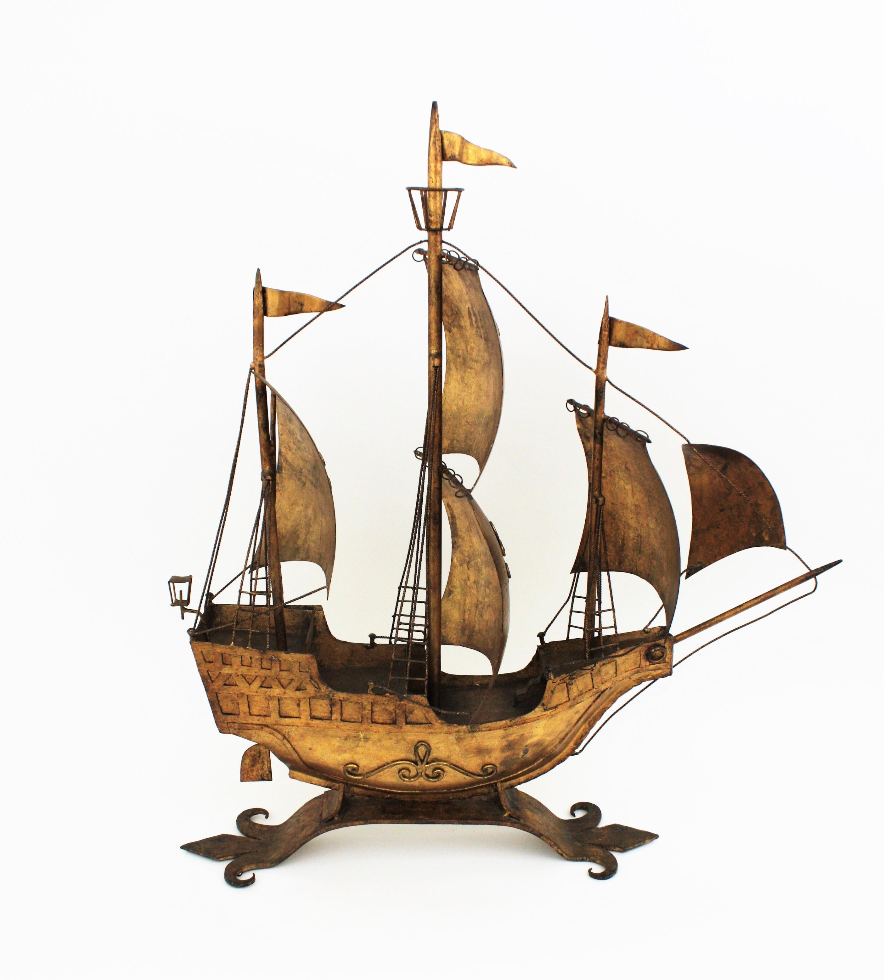 Gilt Iron Spanish Galleon / Sailing Ship Sculpture in the Style of Poillerat 1