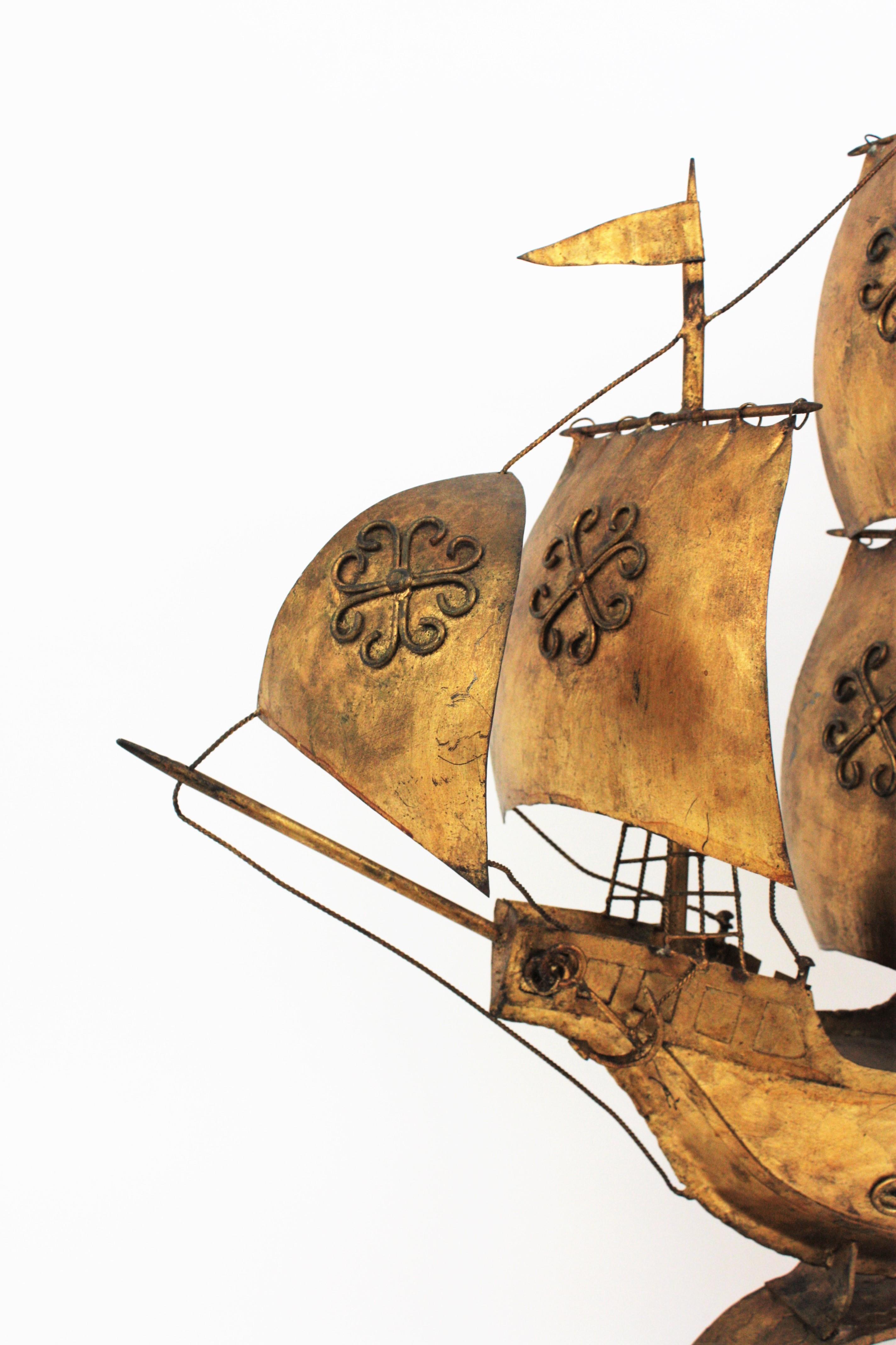 Gilt Iron Spanish Galleon / Sailing Ship Sculpture in the Style of Poillerat In Excellent Condition In Barcelona, ES