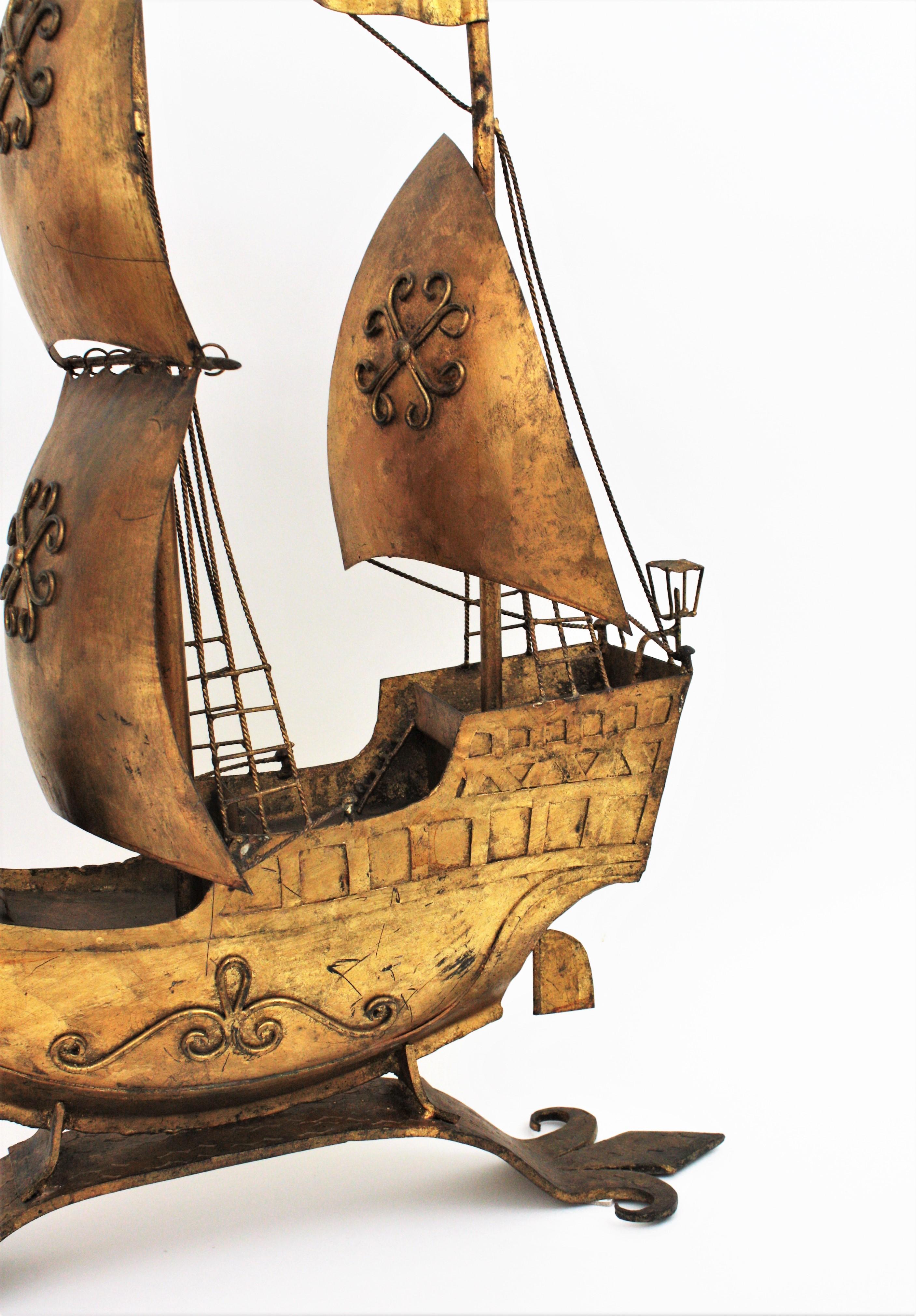 20th Century Gilt Iron Spanish Galleon / Sailing Ship Sculpture in the Style of Poillerat