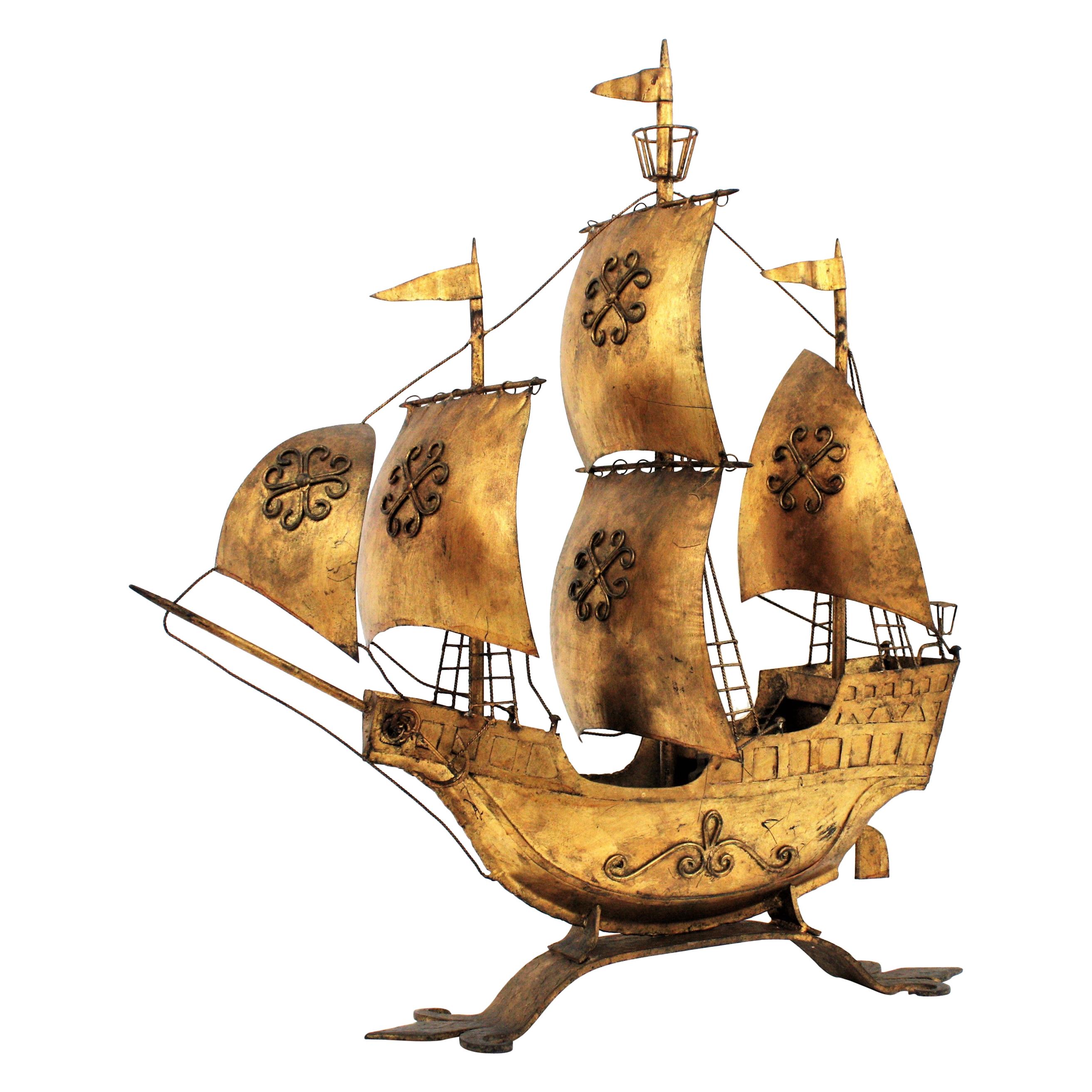Gilt Iron Spanish Galleon / Sailing Ship Sculpture in the Style of Poillerat