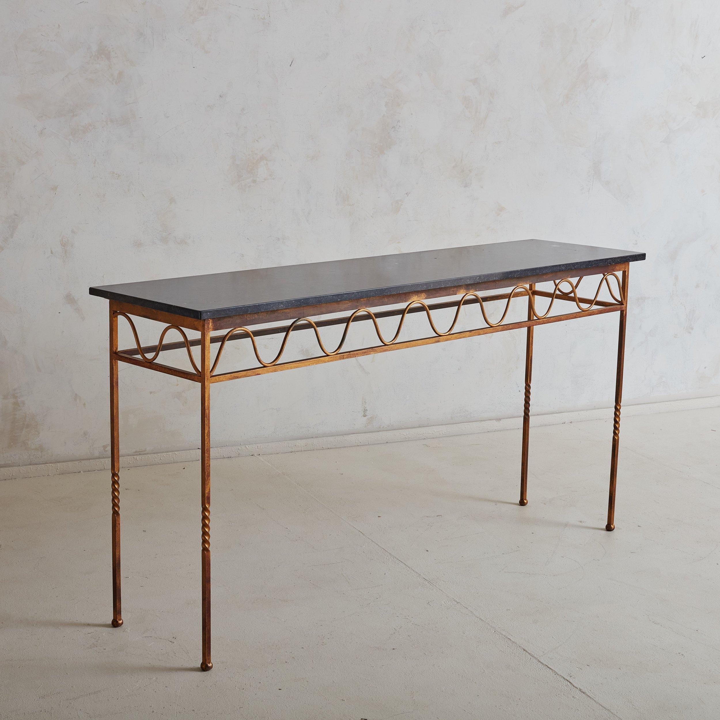 Neoclassical Gilt Iron Squiggle Console Table with Black Marble Top, 1940s