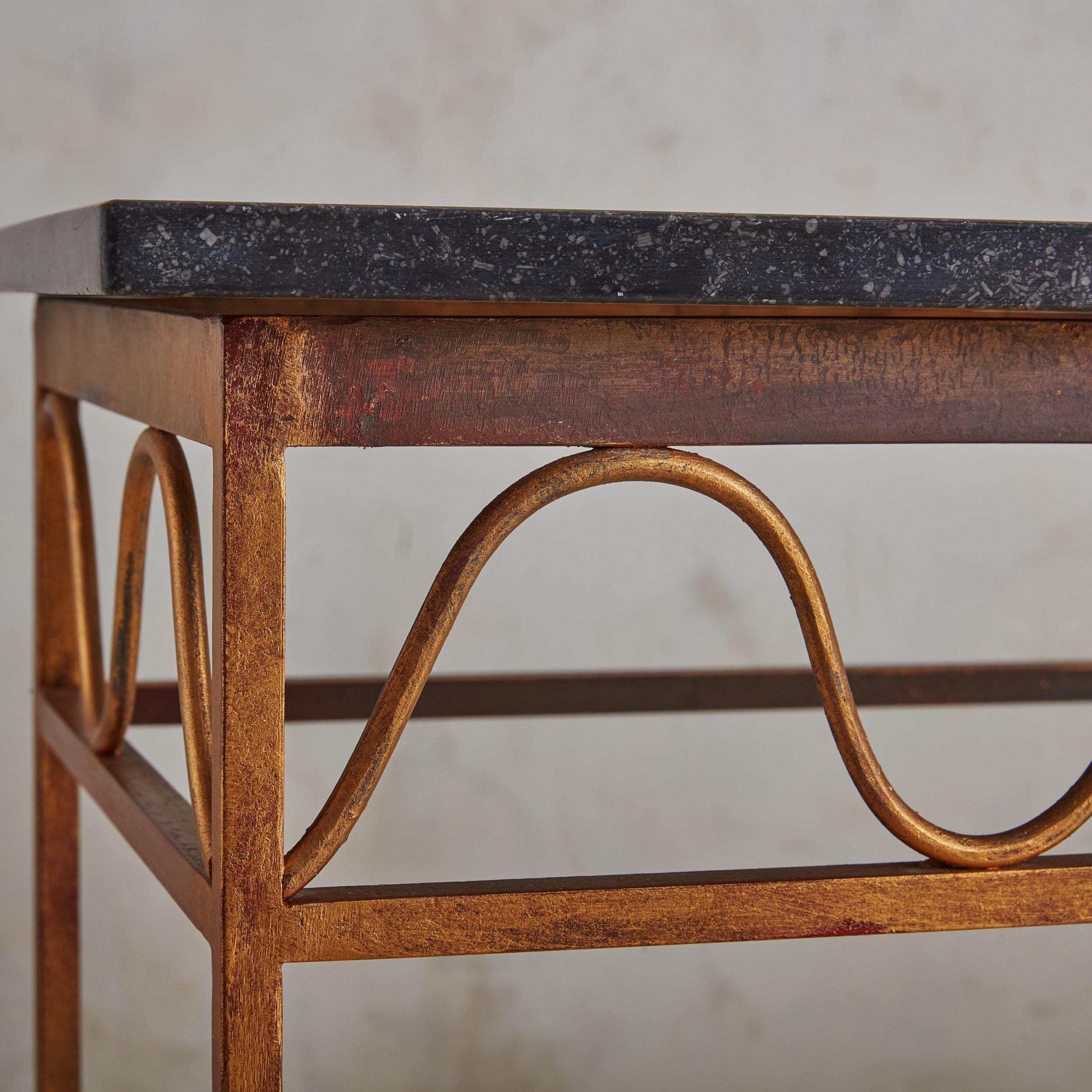 Gilt Iron Squiggle Console Table with Black Marble Top, 1940s In Good Condition For Sale In Chicago, IL