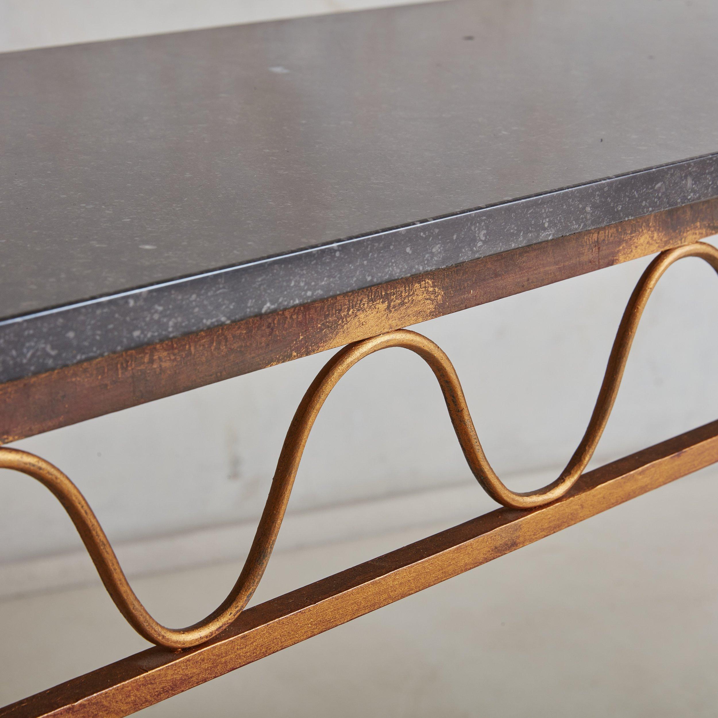 Gilt Iron Squiggle Console Table with Black Marble Top, 1940s 1
