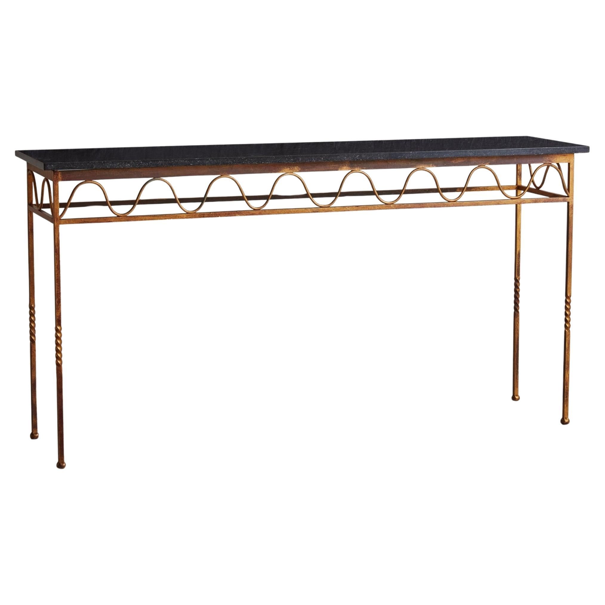 Gilt Iron Squiggle Console Table with Black Marble Top, 1940s For Sale