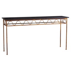 Vintage Gilt Iron Squiggle Console Table with Black Marble Top, 1940s
