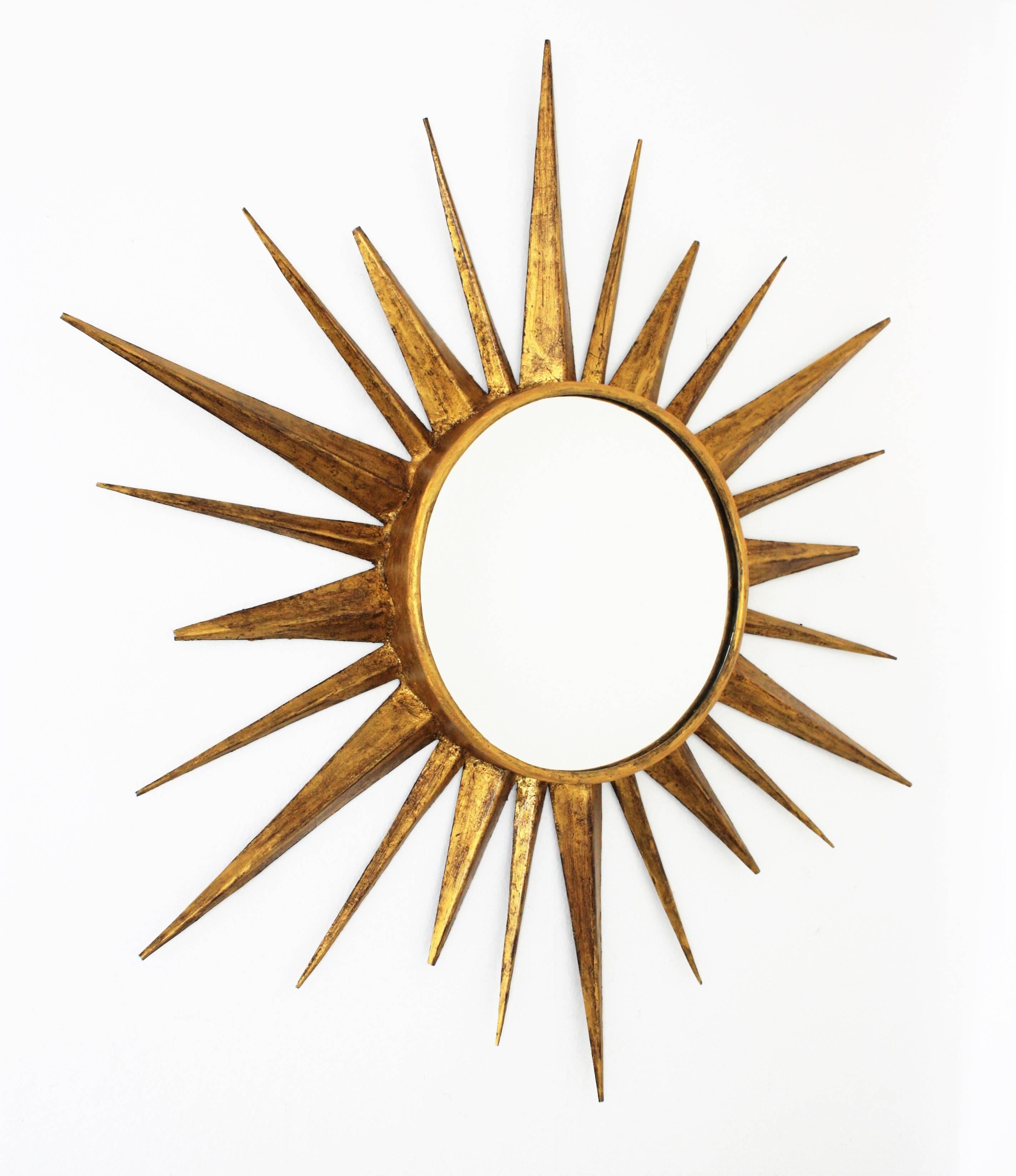 Hand-Crafted Mid-Century Modern Gilt Iron Sunburst Ceiling Light Fixture and Sunburst Mirror