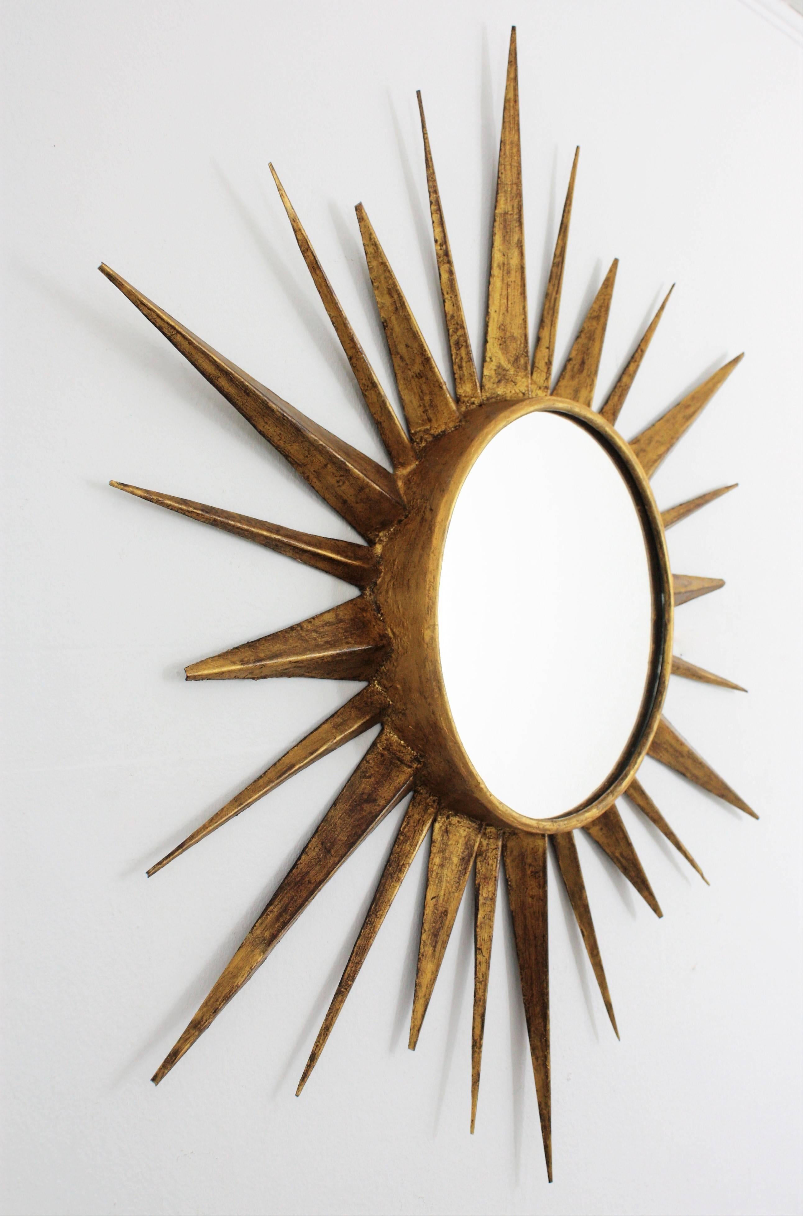 20th Century Mid-Century Modern Gilt Iron Sunburst Ceiling Light Fixture and Sunburst Mirror